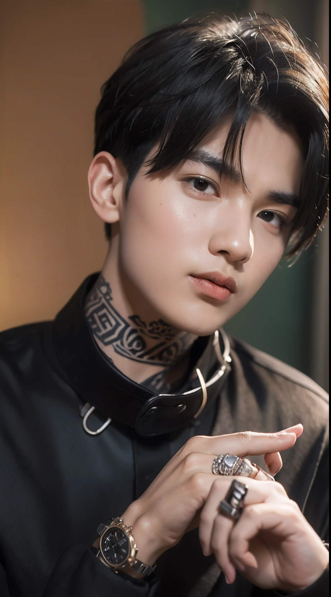 Good facial features，The skin texture is clear，short hair style，Lateral face，Black shirt，Black coat，The upper part of the body，Wrist watch，Tattooed with，Handsome guy，Bad eyes，Handsome to burst