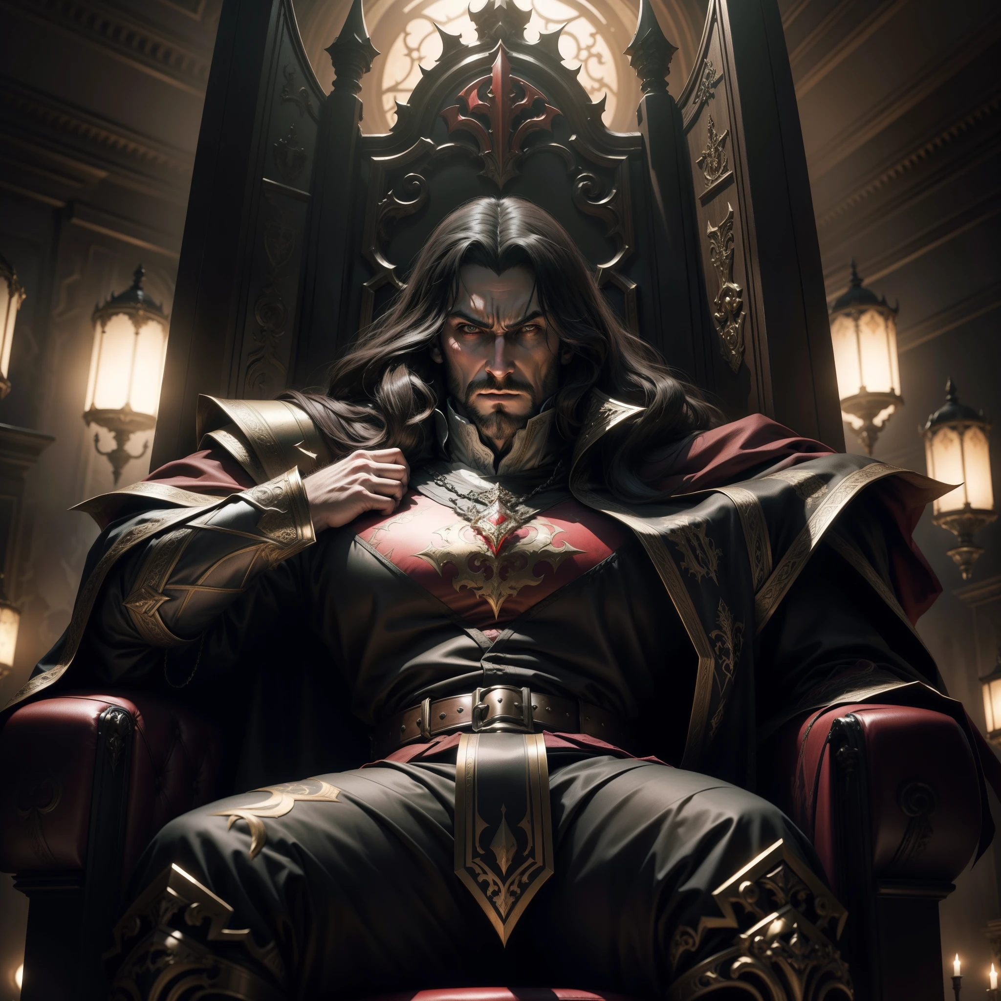 Castlevania Lord of the shadows hyper realistic super detailed Dynamic shot master piece of lord Dracula sitting in his great Legendary throne cinématique scènes movie Epic sharp détails