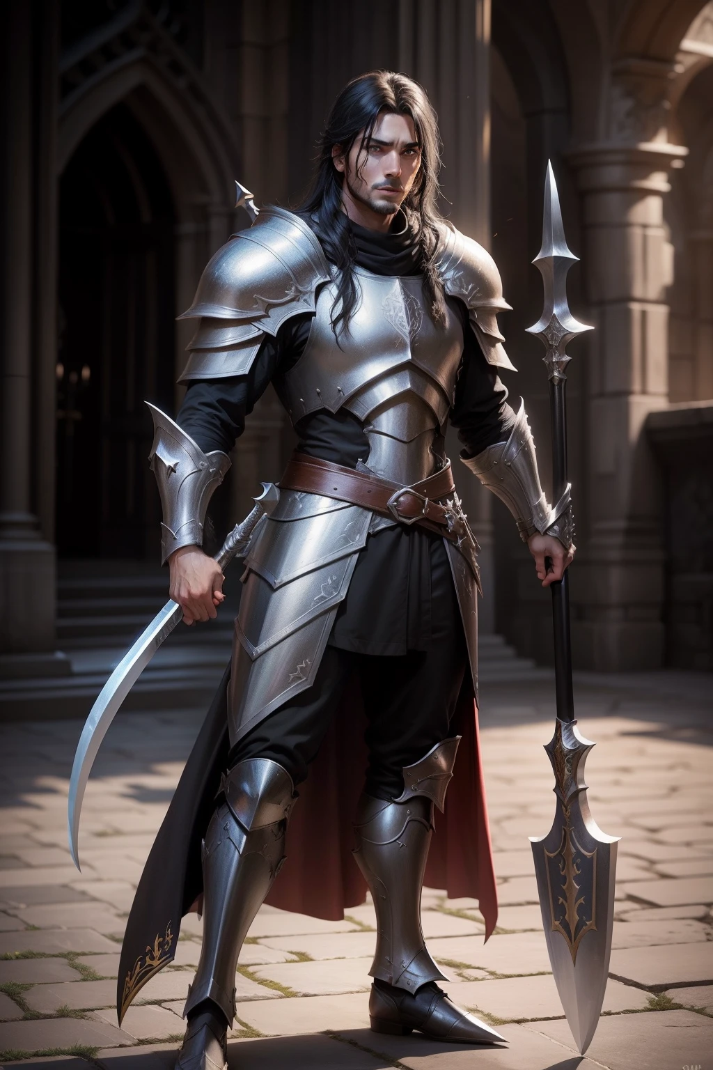 Super realistic, full body, male paladin, black-haired, scimitar, halberd,