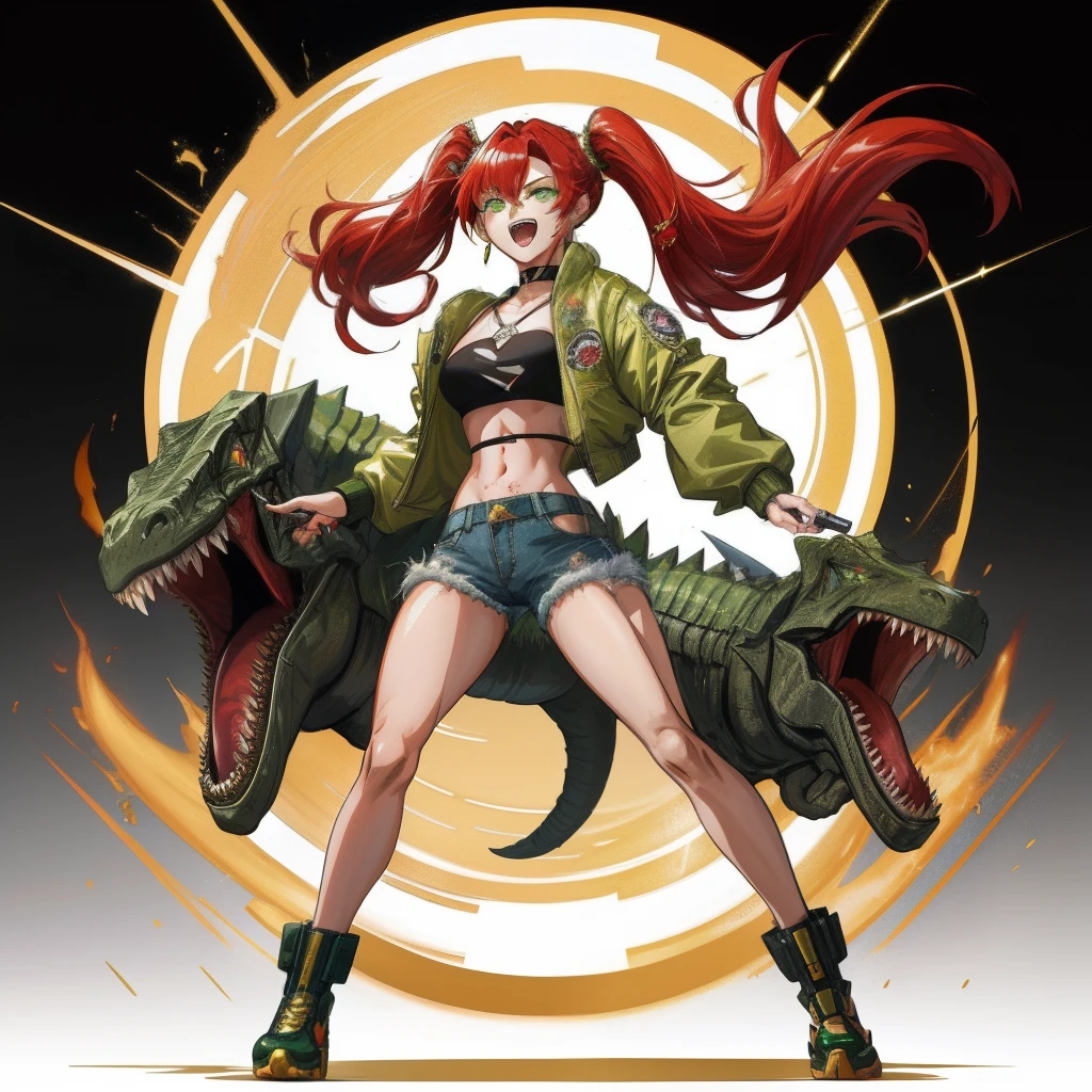 Full body shot, Female asian Irina Shidou red hair twintails green eyes, in a Jurassic Park with many dinosaurs, wearing a bomber jacket and crop top and denim shorts and diamond earrings and golden choker, open mouth, happy, holding a shotgun, portrait, masterpiece, highly detailed