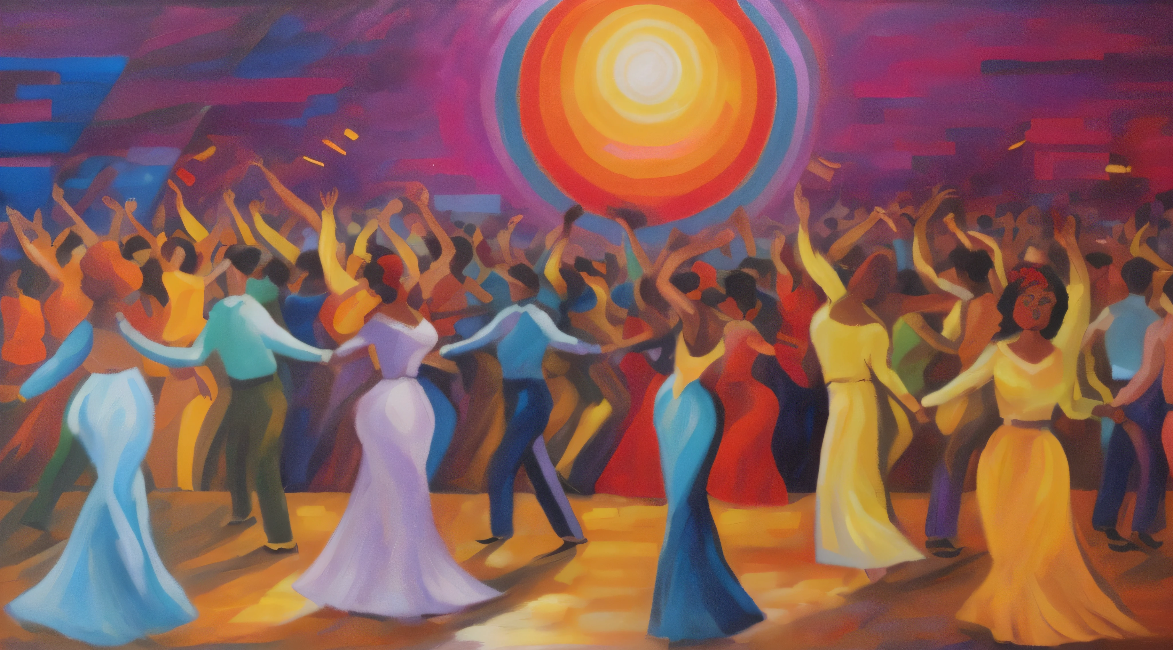 painting of a group of people dancing in a dance hall, dancing people, people dancing, dancers, dance scene, rennaisance painting, dancing with each other, james terrell art, by David Burton-Richardson, people dancing in background, inspired by Archibald Motley, salsa social dance, by Herbert MacNair, by Juan O'Gorman, by Dorothy Bradford