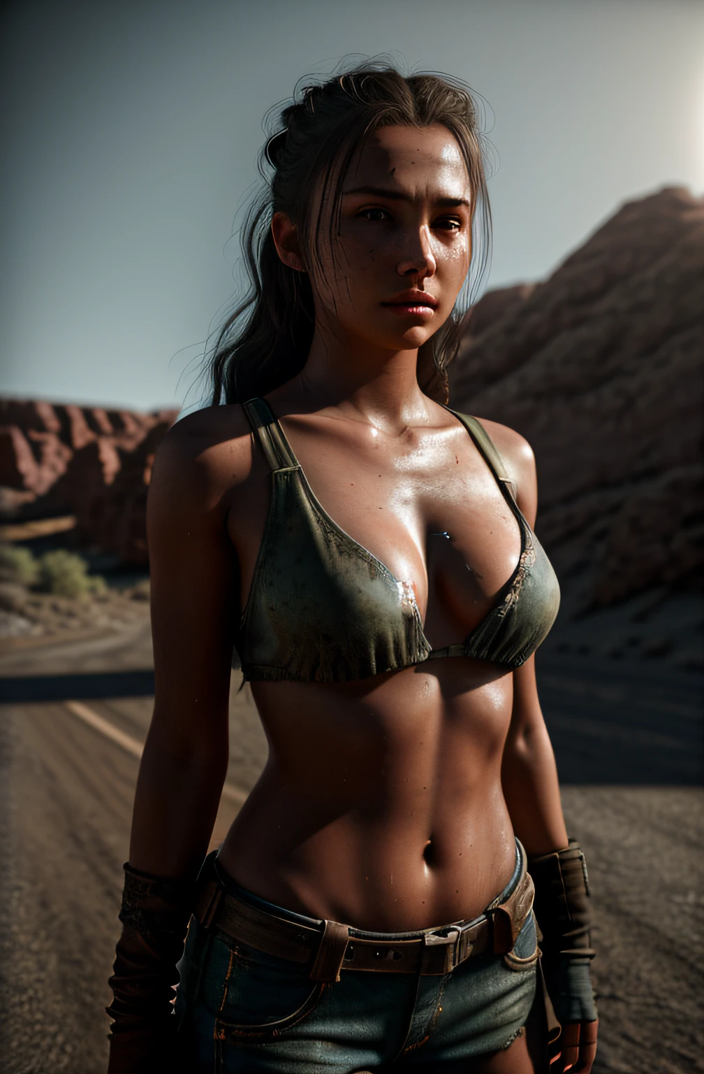 a woman, 22 yo, wastelander clothes, cleavage, tiny body, hdr, (insane details, hyper realism:1.2), (insane skin detail), full body, (photorealistic skin:1.4), cinematic lighting, (rim lighting:1.3), color grading, focused, outdoors (high skin detail:1.2), pores, sweaty skin, Fujifilm XT3, color correction,