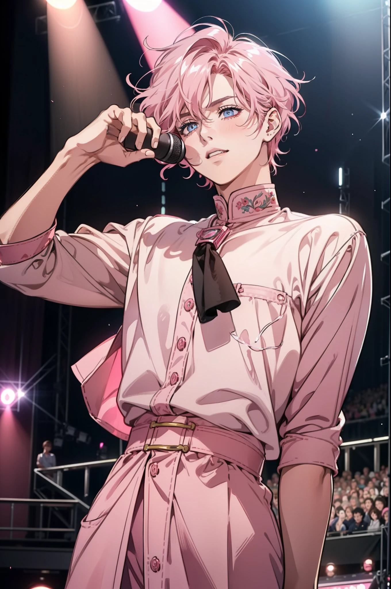 1 boy, beautiful male body, short boy, 20 years old , Body Length 170 cm, (short hair, pink color hair, curly hairstyle) , (pink color eyes), realistic eyes, beautiful eyes, big eyes), ((idol clothes)), ((He holds a microphone and sings happily on stage in front of the crowd)), happy face, (8k wallpaper), ((pink lights color, concert on stage wallpaper)) 8k, high quilty, realistic, beautiful realistic, Cool details, raw photo, realistic clothing, short curly hair, pink hair, realistic hair, Light and cool lighting, photo realistic, Cel shaded, Gel lighting, ultra details, ((Idol boy))