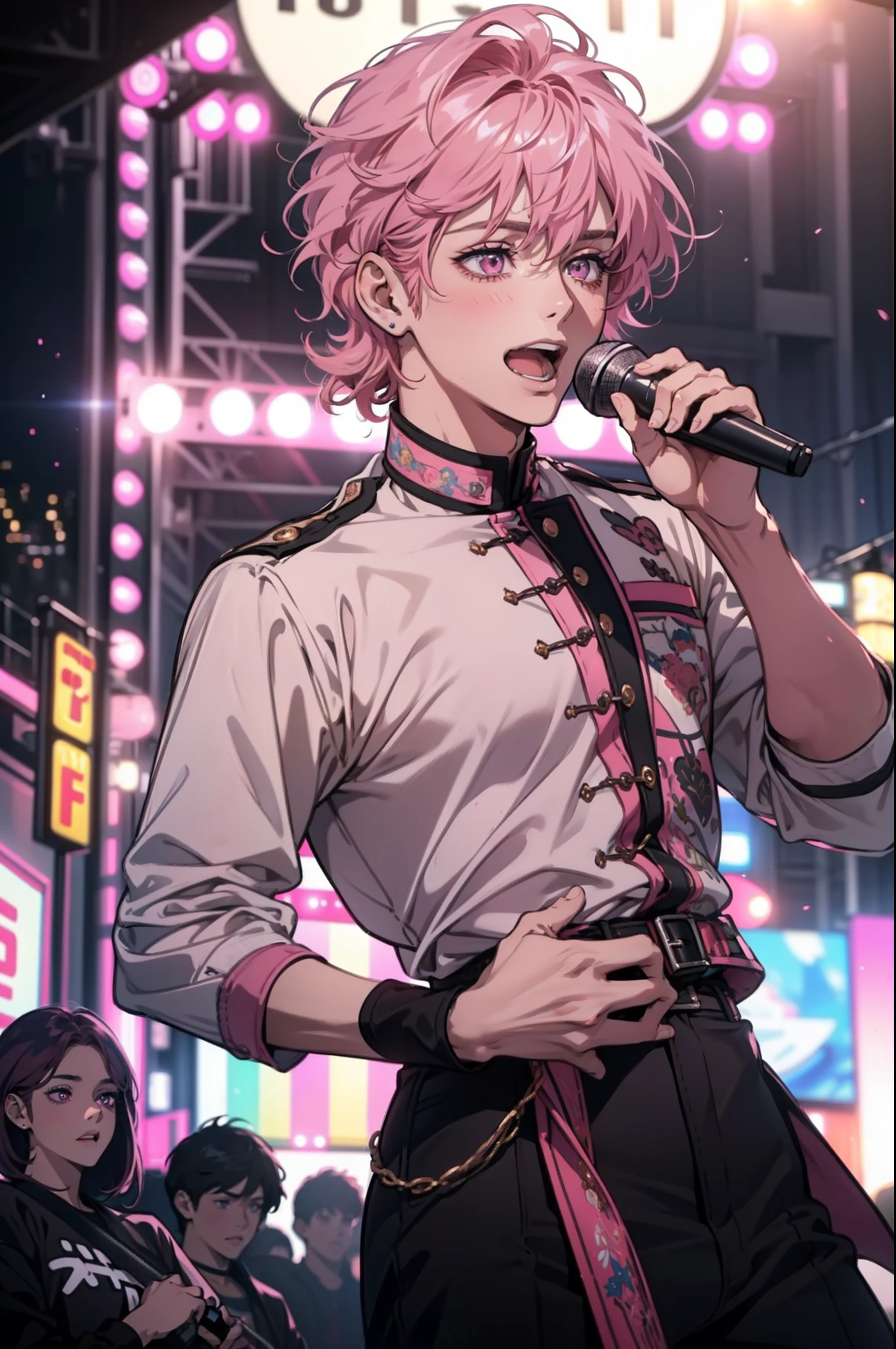 1 boy, beautiful male body, Short boy, 20 years old , Body length 170 cm, (short hair hair, Pink hair color, Curly hairstyle) , (Pink eyes), realistic eyes, beatiful eyes, big eyes), ((Idol clothing)), ((He holds a microphone and sings happily on stage in front of the crowd)), Happy face, (8k wallpaper), ((Pink lights color, Concert on the background of the theater)) 8k, Quilty Altitude, Realistic, Beautiful realism, outstanding detail, RAW photo, Realistic clothes, short curly hair, Pink hair, realistic hair, Light and cool lighting, realistic photo, Cel shaded, Gel lighting, ultra-detail, ((Idol Boy))