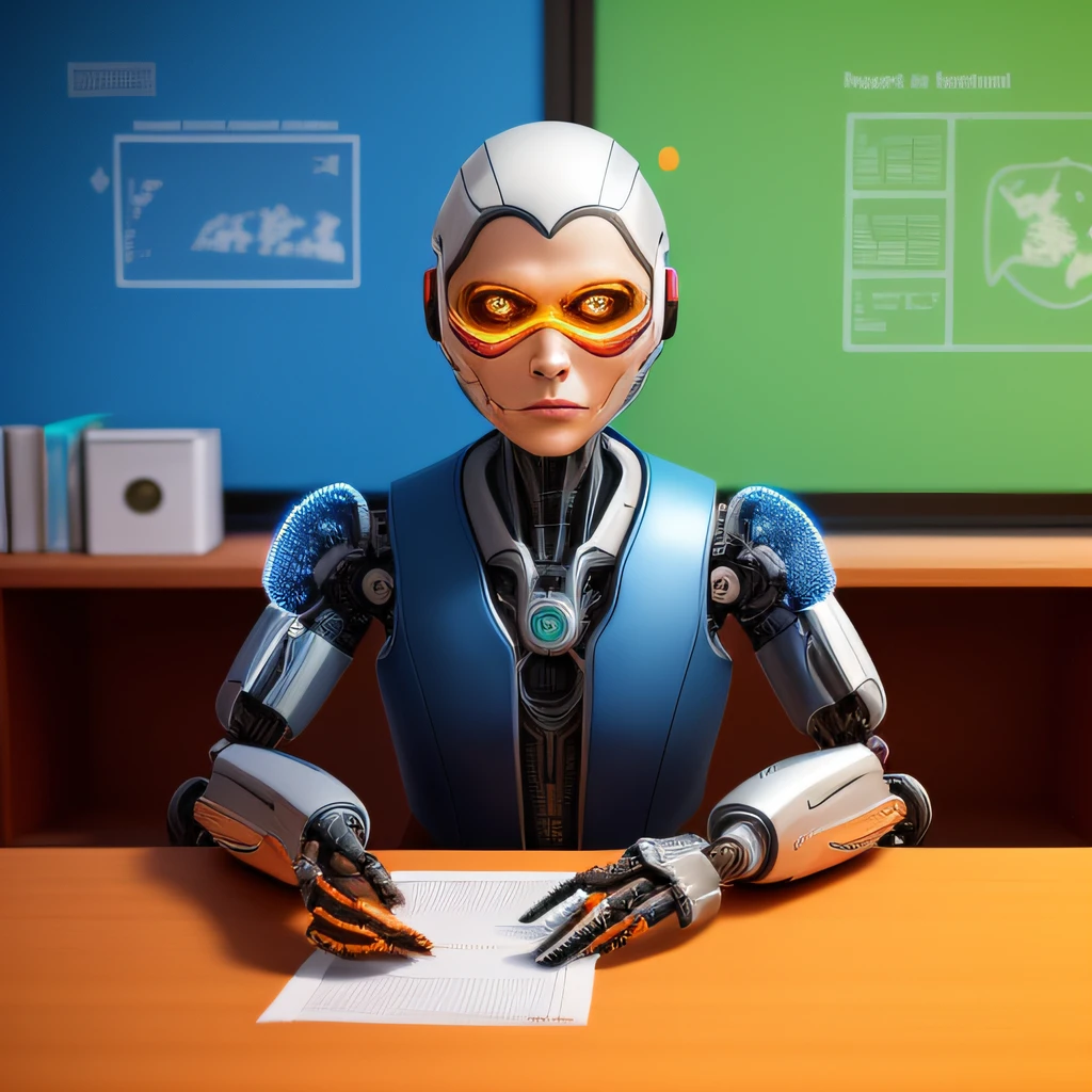 Image of a robot teacher wearing a trainer's hat in a traditional classroom, ultra detailed complex 3d rendering, Beautiful soft studio light, Anel luminoso, detalhes vibrantes, cyberpunk luxuoso, renda, hiper-realista, anatomic, facial muscles, electric cables, microchip , elegante, fundo bonito, octane rendering, Estilo HR Giger, 8k, melhor qualidade, obra-prima, illustration, extremamente delicado e bonito, extremamente detalhado, CG, unidade, Awesome, finamente detalhe, obra-prima, melhor qualidade, Arte Oficial, papel de parede 8k de unidade CG extremamente detalhado, Absurdo, incrivelmente Absurdo, robot teacher, sala de aula, capacete de prata, corpo inteiro, sentado