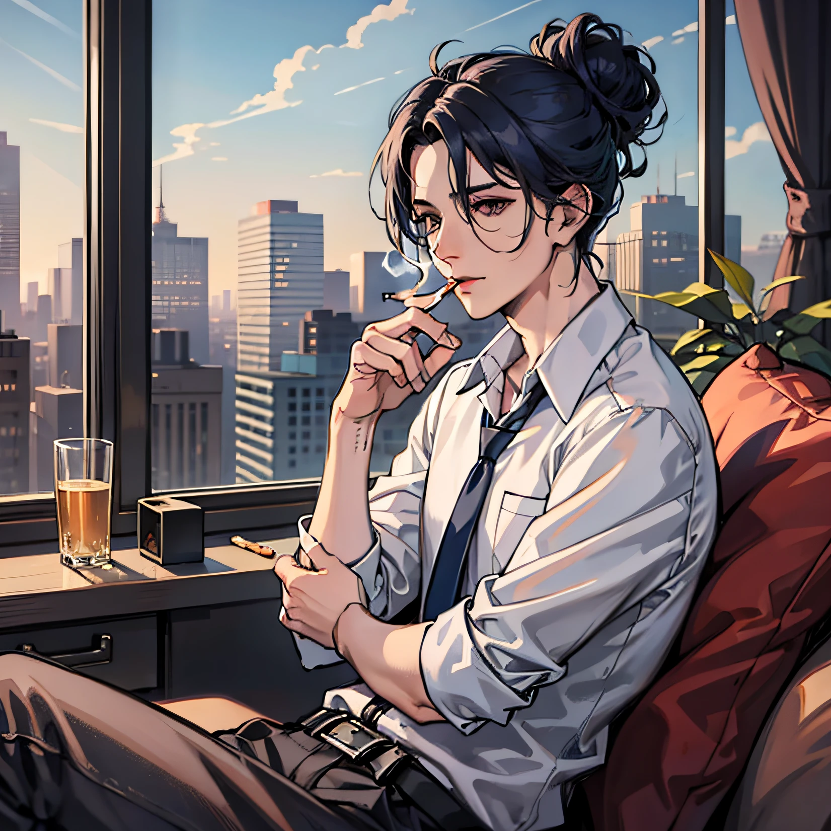 A man, sitting on sofa with office in the background, smoking a cigarette, 4K, high resolution, dark blue hair caught in a messy bun, black eyes