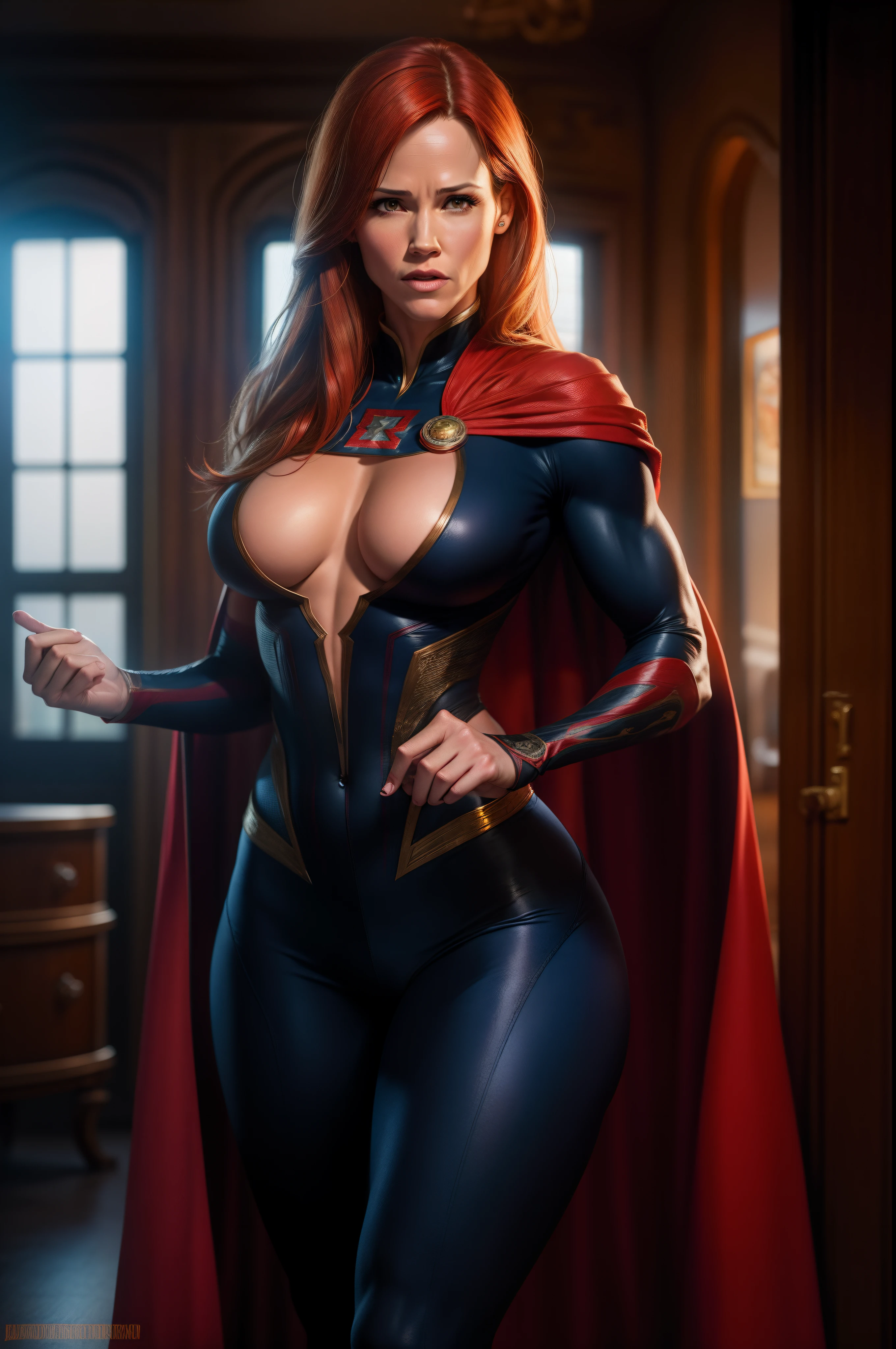 Jennifer Garner as Dr. strange, defined muscles, red hair, athletic build, tight costume, highly detailed, sexy revealing lots of skin, large breasts