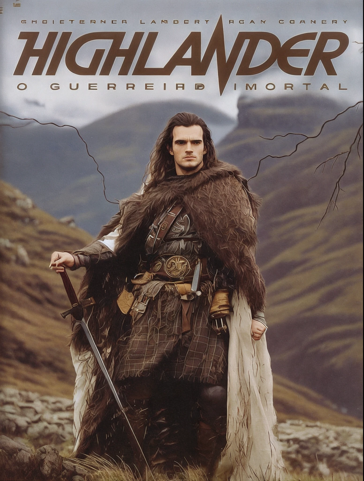Image of a man dressed in a period costume with a sword, Mountain Scotland 1995 film, Highlands, rosto do ator Henry Cavill,