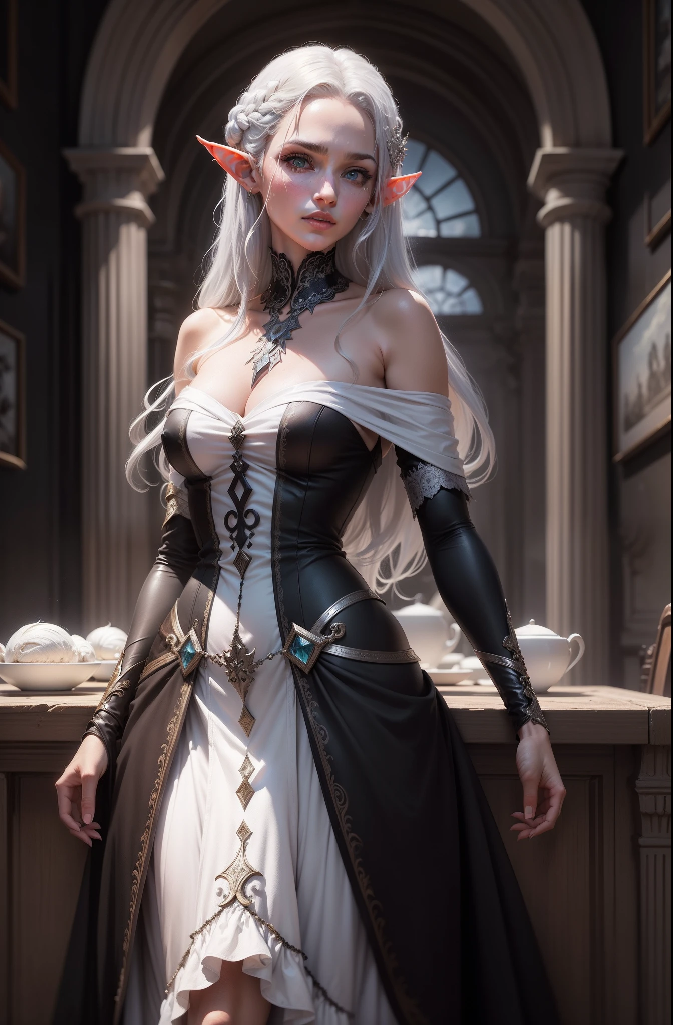 A dramatic painting of a beautiful noble-looking elf, His hair is silver and his skin is white and his eyes are lilac in color. Ela usa um vestido nobre preto, is standing in front of a table watching the zombie who is lying.