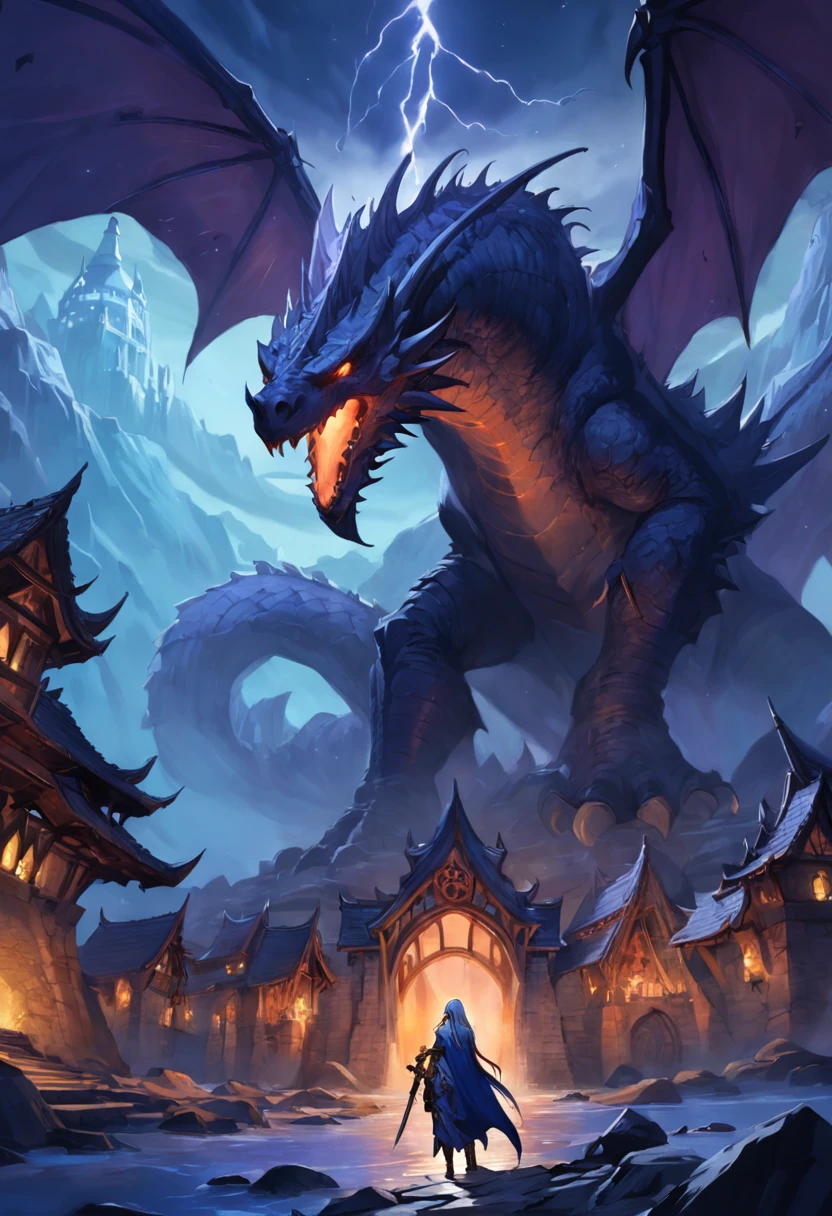 une mise en page de site Web pour un site qui favorise un monde persistant dans NeverWinterNights, The feel must be mysterious and show the Dungeons & Dragons style, Monts Brumeux, Phare dans une nuit brumeuse, Big Dragonhead avec Dragonwings