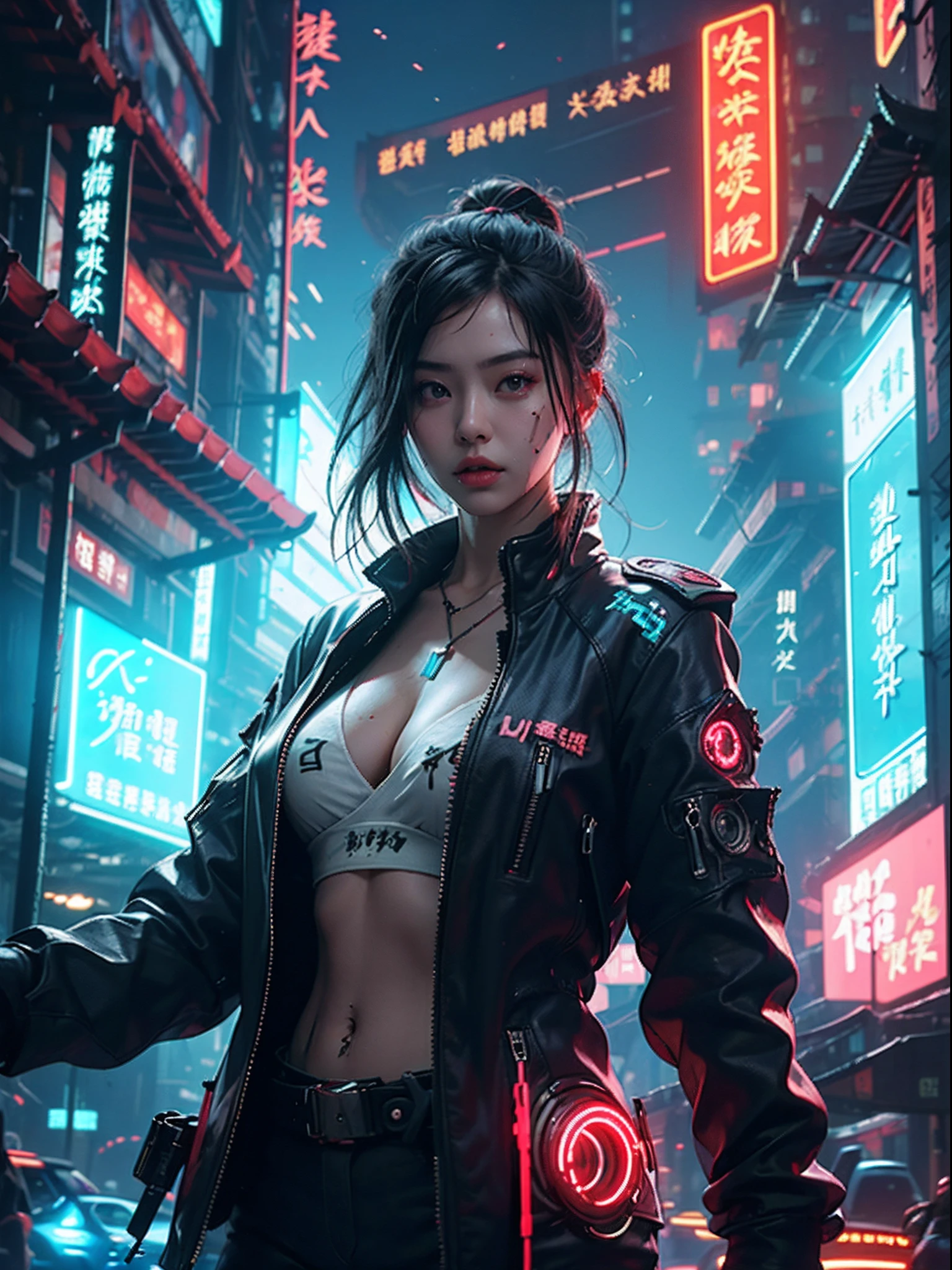 1 cyberpunk girl, Best quality, masterpiece, ultra high res, (photorealistic:1.4), xiuxian, weapon, cleavage, (glowing neon lights:1.2),xiuxian, upper body, ((east asian cyberpunk architecture))