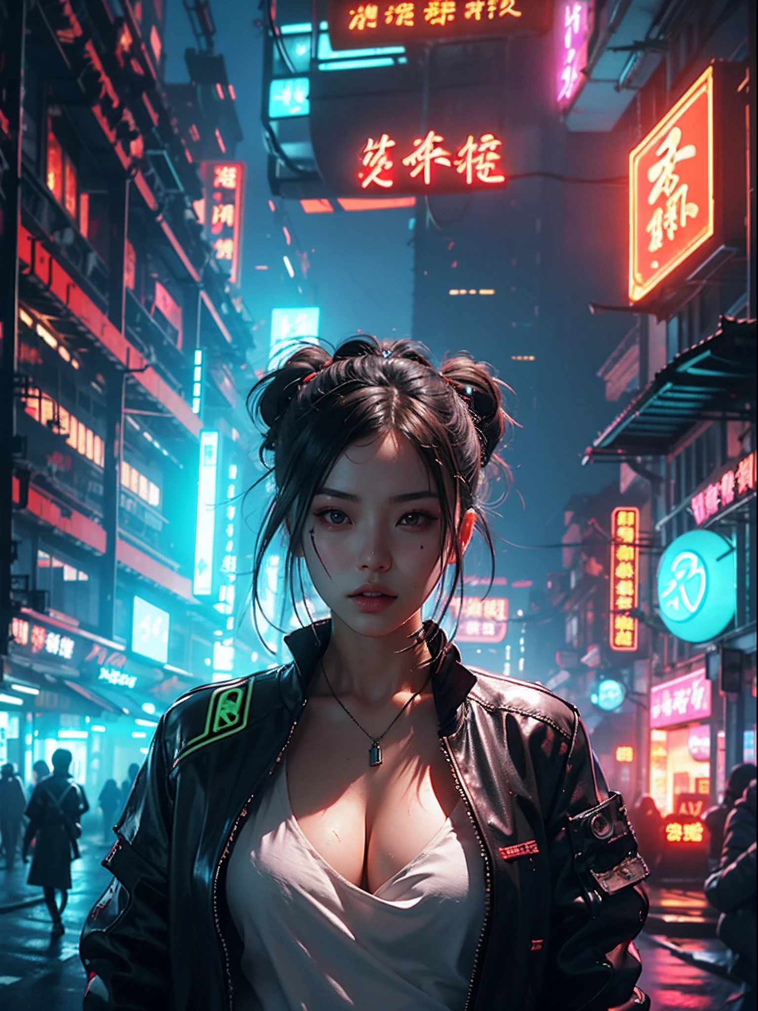 1 cyberpunk girl, Best quality, masterpiece, ultra high res, (photorealistic:1.4), xiuxian, weapon, cleavage, (glowing neon lights:1.2),xiuxian, upper body, ((east asian cyberpunk architecture))