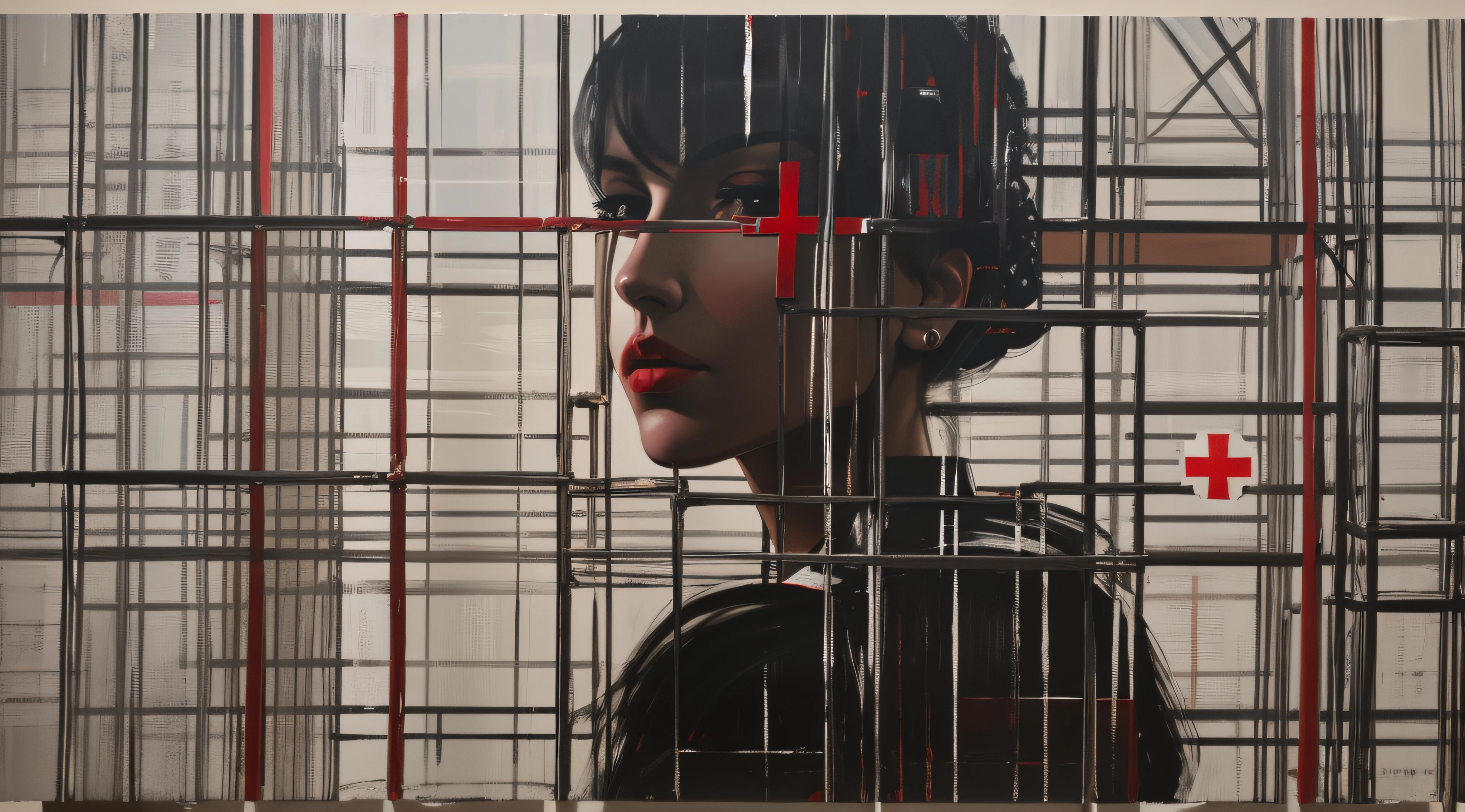 painting of a woman in a cage with a red cross on it, benjamin vnuk, 62 x 47 inches, by Sándor Bortnyik, inspired by Keith Mallett, by Jack Boul, by Antonín Chittussi, painting of a woman, inspired by Edward Wadsworth, inspired by Hans Baluschek