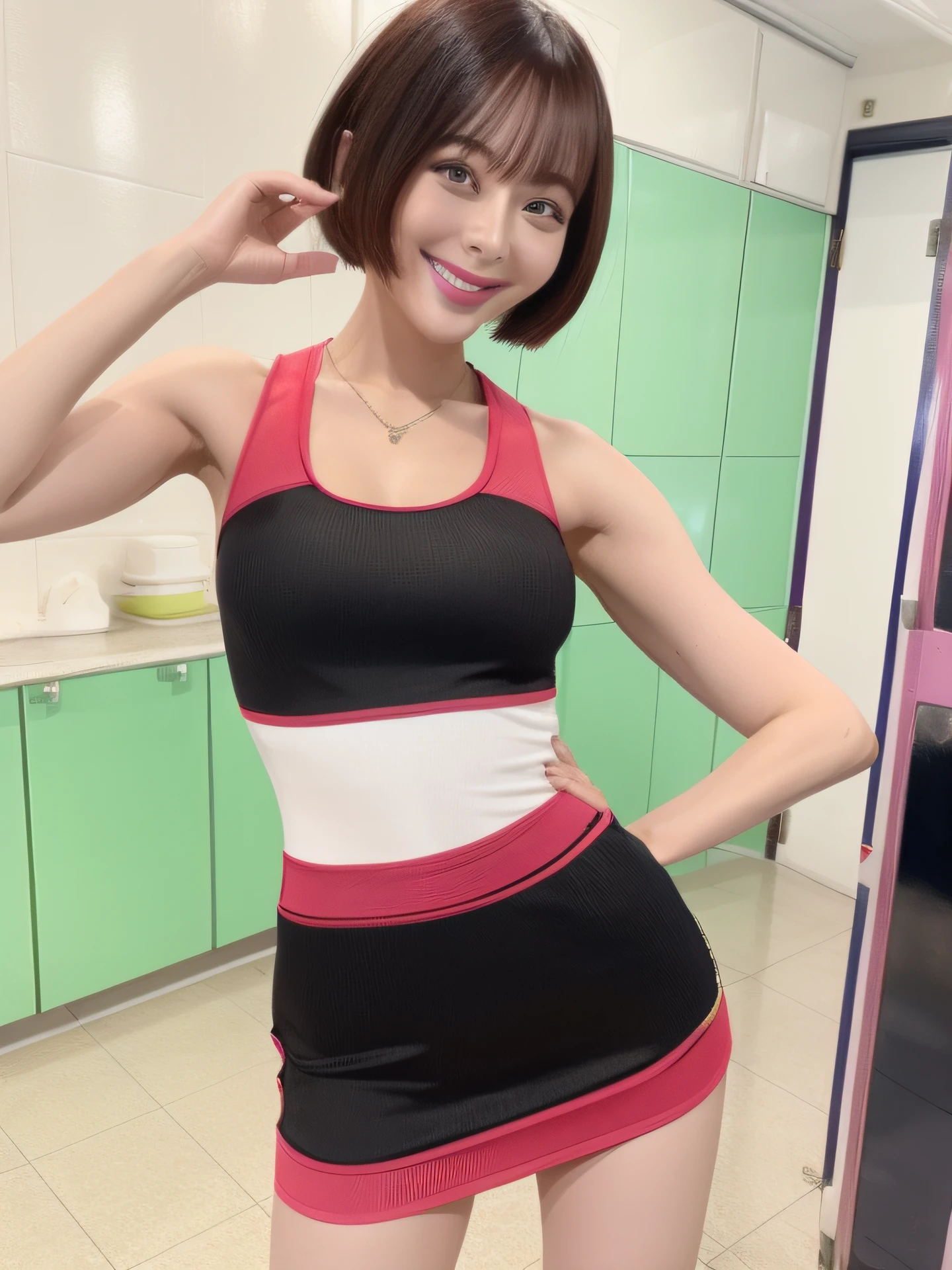 Enamel Bodycon、Arm Swinging Pose、Bob Hair、a miniskirt、Full smile