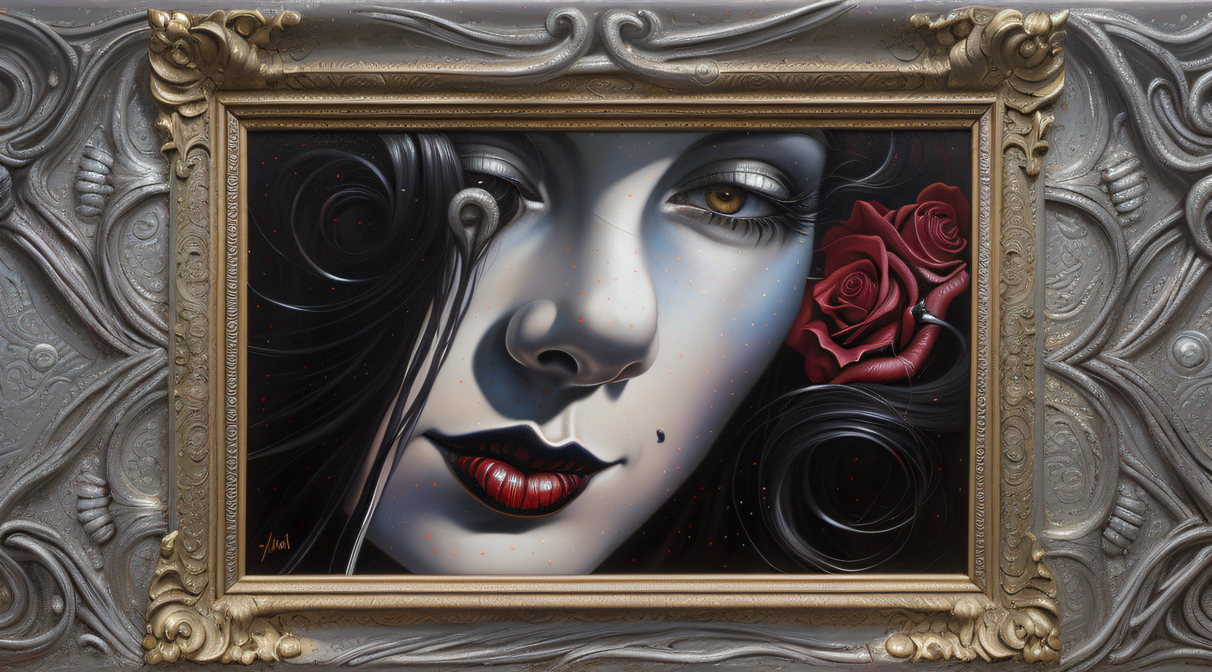painting of a woman with a red rose in her hair, adrian borda, detailed 3d gothic oil painting, hyperrealistic art nouveau, adi granov, dramatic artwork, chicano airbrush art, by Steve Argyle, portrait of metallic face, surrealist oil painting, inspired by Michael Cheval, pj crook, detailed painting 4 k, benjamin lacombe