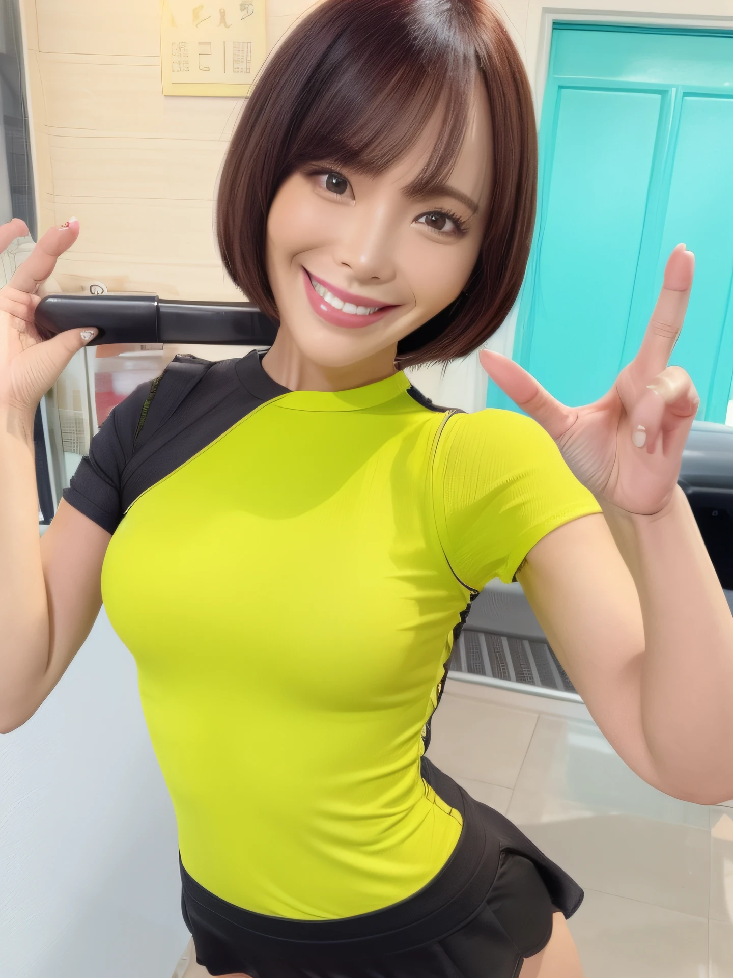 Enamel Bodycon、Arm Swinging Pose、Bob Hair、a miniskirt、Full smile