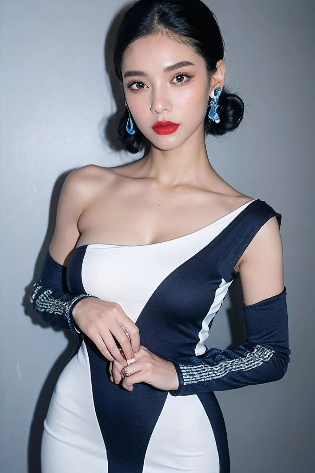(extra detailed body、extra detailed face、best qualtiy:1.2)、femele、looking at the viewers、(Clothes with a strong contrast of blue and black in a novel design、Large shoulder-length metal earrings、accessorized、)、(Stylish walls in contrasting blue, black and white,)