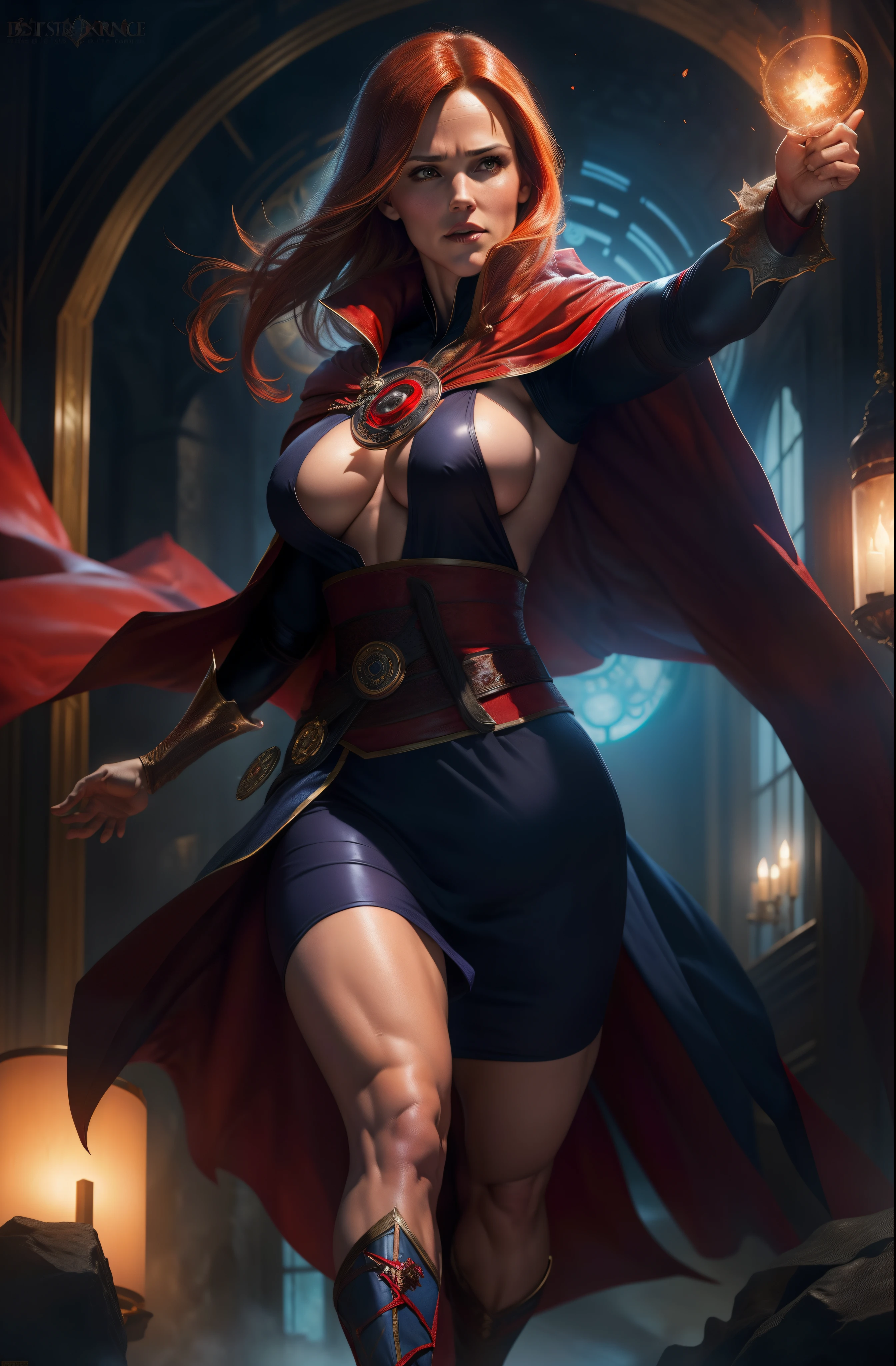 Jennifer Garner as Dr. strange, defined muscles, red hair, athletic build, tight costume, highly detailed, sexy revealing lots of skin, large breasts, ((casting a spell)), ((wearing Dr. Stange cape), ((wearing Dr. Strange cloak)), ((boobs uncovered))