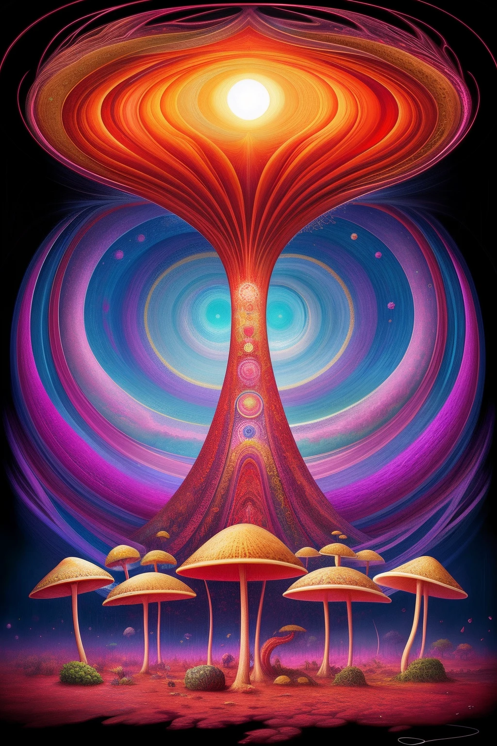 a drawing，Filled with many varieties of mushrooms, psychedelic surreal art, Estero Dan Mumford e Alex Gray, psychedelic illustrations, hyper detailed visionary art, Ultra-visionary art - detailed, psychedelic artwork, Surreal + highly  detailed, Highly detailed 4K digital art, Psychic trance art, director: Justin Gerard, 4K detailed digital art, Arte Trippy, surreal psychedelic design, design for tshirt