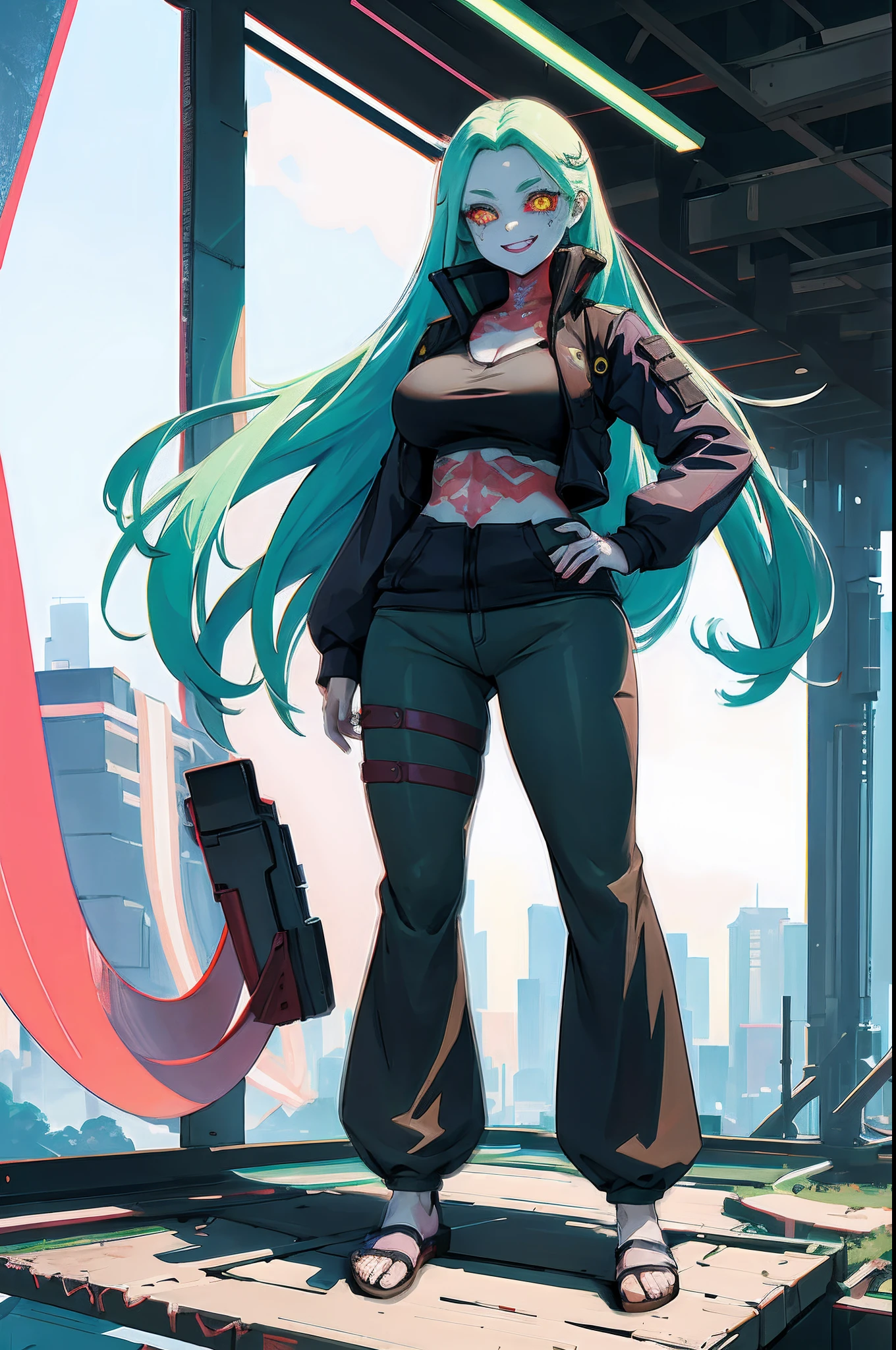 masterpiece, best quality, highres, 1girl, rebecca \(cyberpunk\), solo, long hair, mechanical eye, colored sclera, red sclera, colored skin, white skin, leg tattoo, neck tattoo, green hair, long hair, small breasts,, fang, red pupils, skin fang, red eyes, black jacket, standing, field,huge breast, tallgirl, long skirt, pullover, vest,, flipflops, standing, curvy,pants, full body, smile