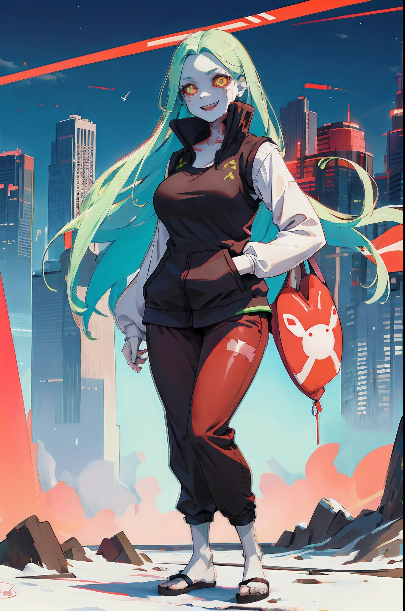 masterpiece, best quality, highres, 1girl, rebecca \(cyberpunk\), solo, long hair, mechanical eye, colored sclera, red sclera, colored skin, white skin, leg tattoo, neck tattoo, green hair, long hair, small breasts,, fang, red pupils, skin fang, red eyes, black jacket, standing, field,huge breast, tallgirl, long skirt, pullover, vest,, flipflops, standing, curvy,pants, full body, smile
