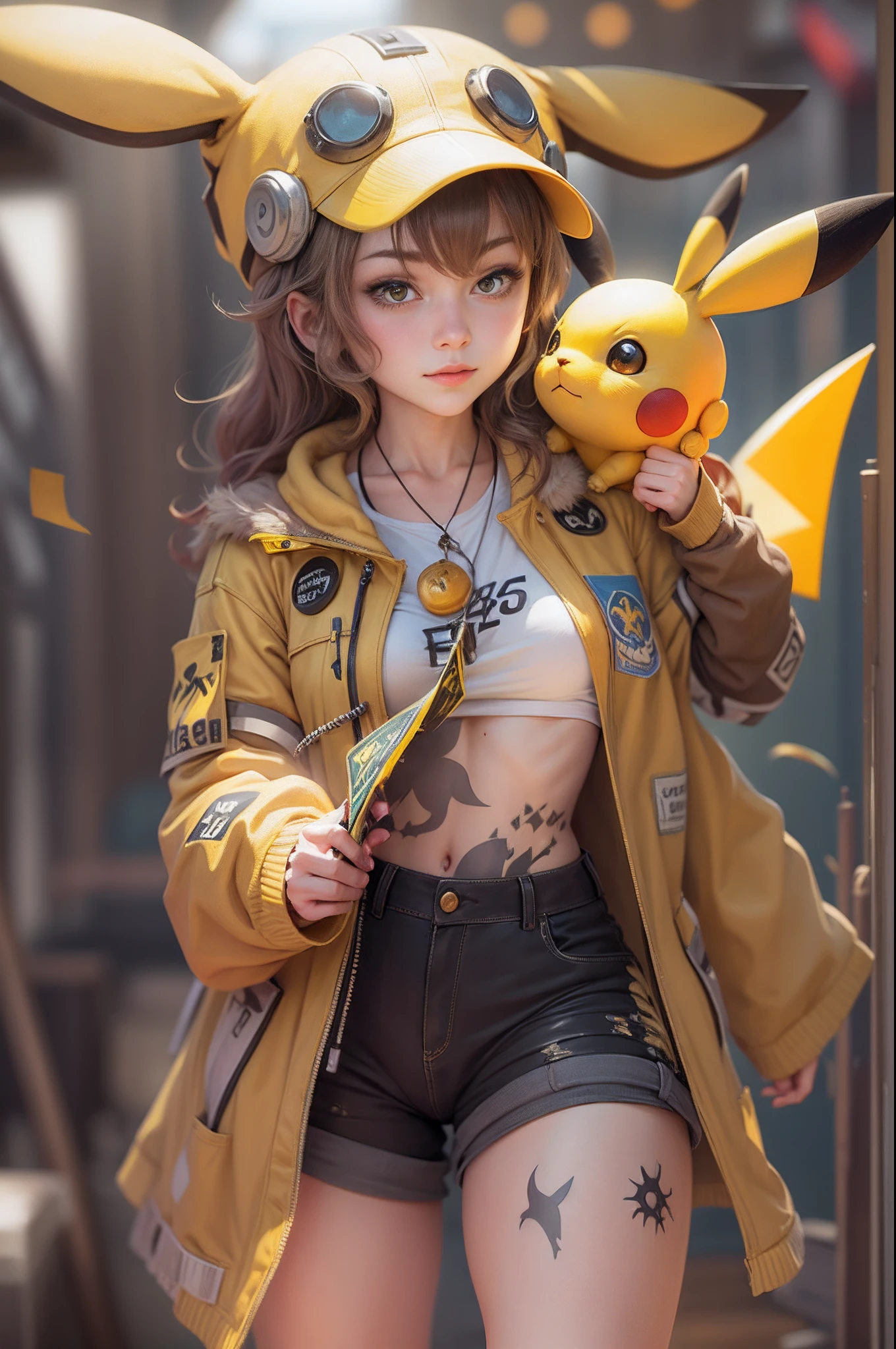 Pokémon, Pikachu coat，surrealism, Realism, Cinematic lighting, Fuji Film, Sony FE, Sony FE GM, hyper HD, Masterpiece, High quality, A high resolution, Super detail，Pikachu, A teenage girl, white skinned, hands in a pocket，sexy for, jaqueta de couro, short denim skirt, Blonde hair, Gradient hair, aqua eyes