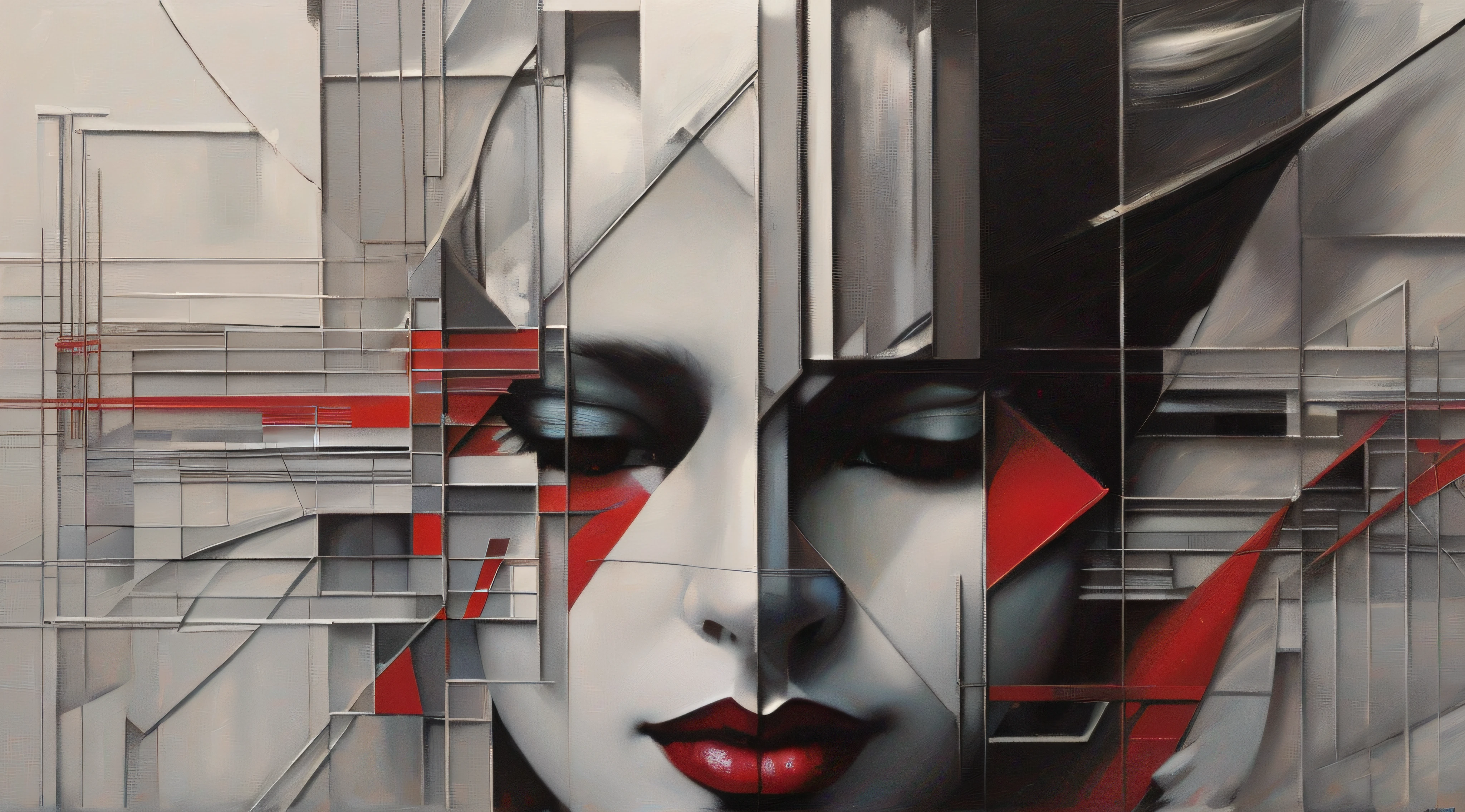 painting of a woman with a red nose and a black and white face, adrian borda, by Cedric Seaut, ray swanland, by Tony Sart, synthetic cubism, detailed face with red lips, sakimi, by Jack Boul, futuristic cubism, artist unknown, by Eric de Kolb, inspired by Sandra Chevrier, art deco portrait