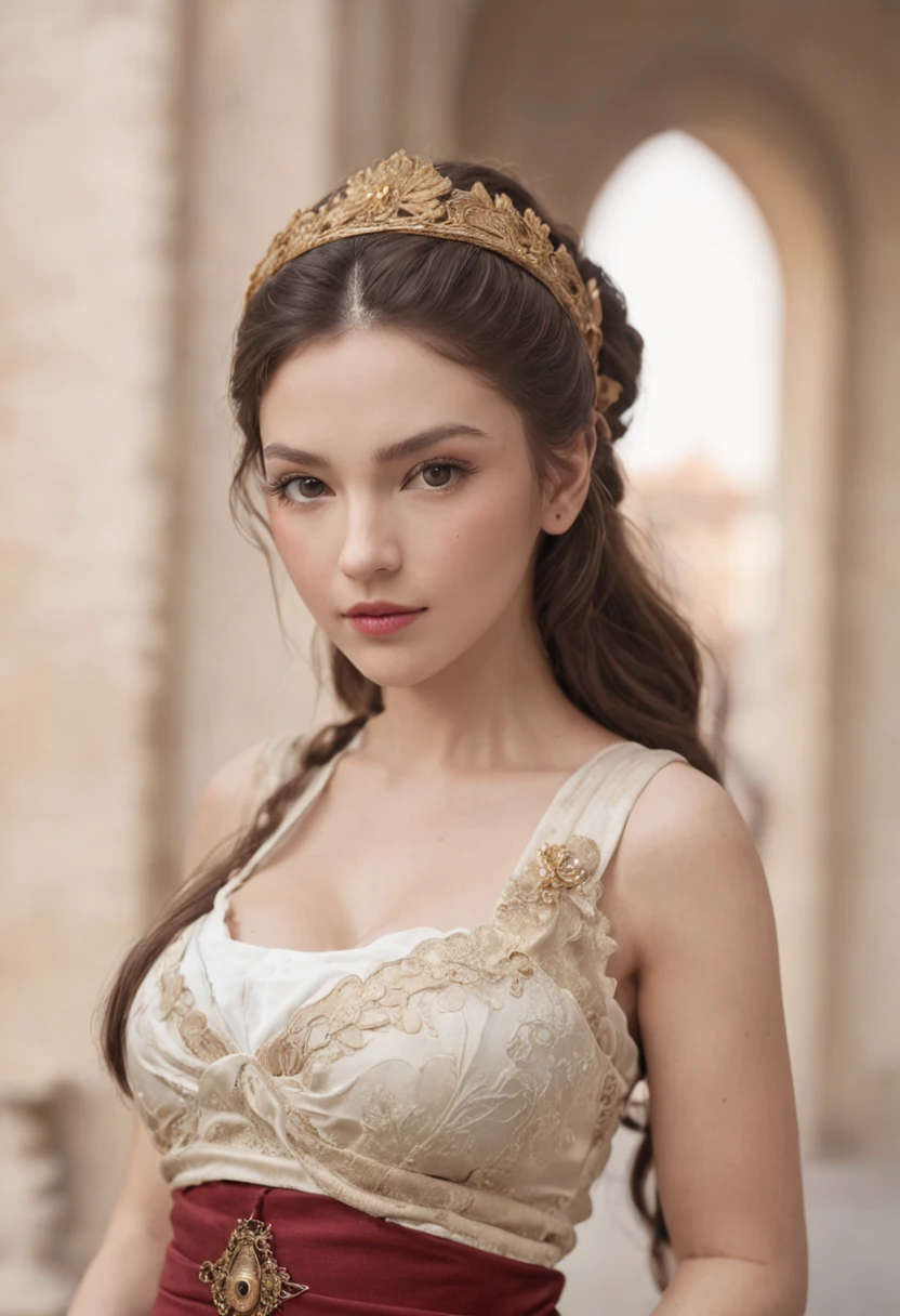 very beautiful woman traditional photo realistic style traditional roman outfit white huge breasts waist thin huge ass