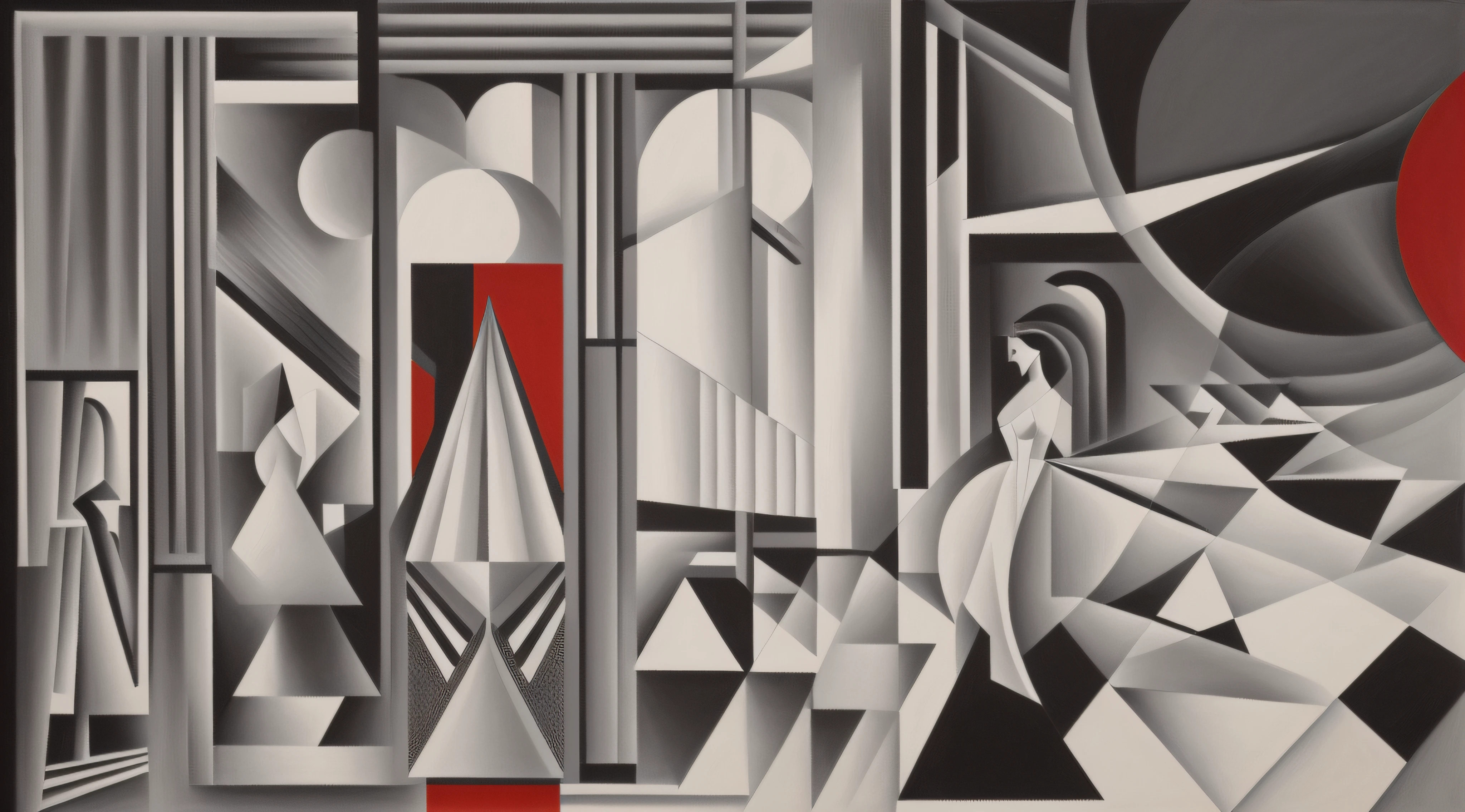 painting of a woman in a white dress standing in a room, inspired by Jean Metzinger, georgy kurasov, metzinger, by Jean Metzinger, synthetic cubism, art deco painting, mark kostabi, futurism painting, inspired by Jan Stanisławski, inspired by Albert Gleizes, inspired by Edward Wadsworth, futuristic cubism