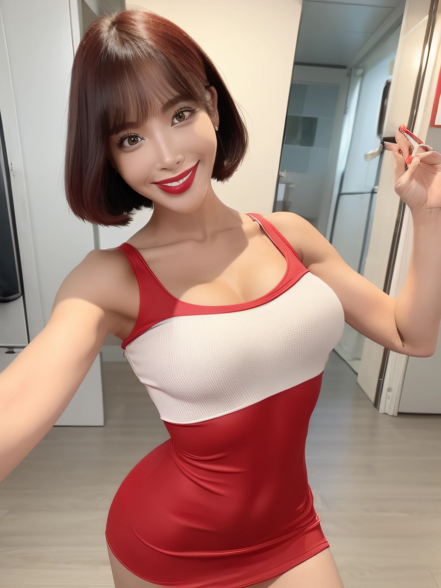 Enamel Bodycon、Arm Swinging Pose、Bob Hair、red lipsticks、a miniskirt、Full smile