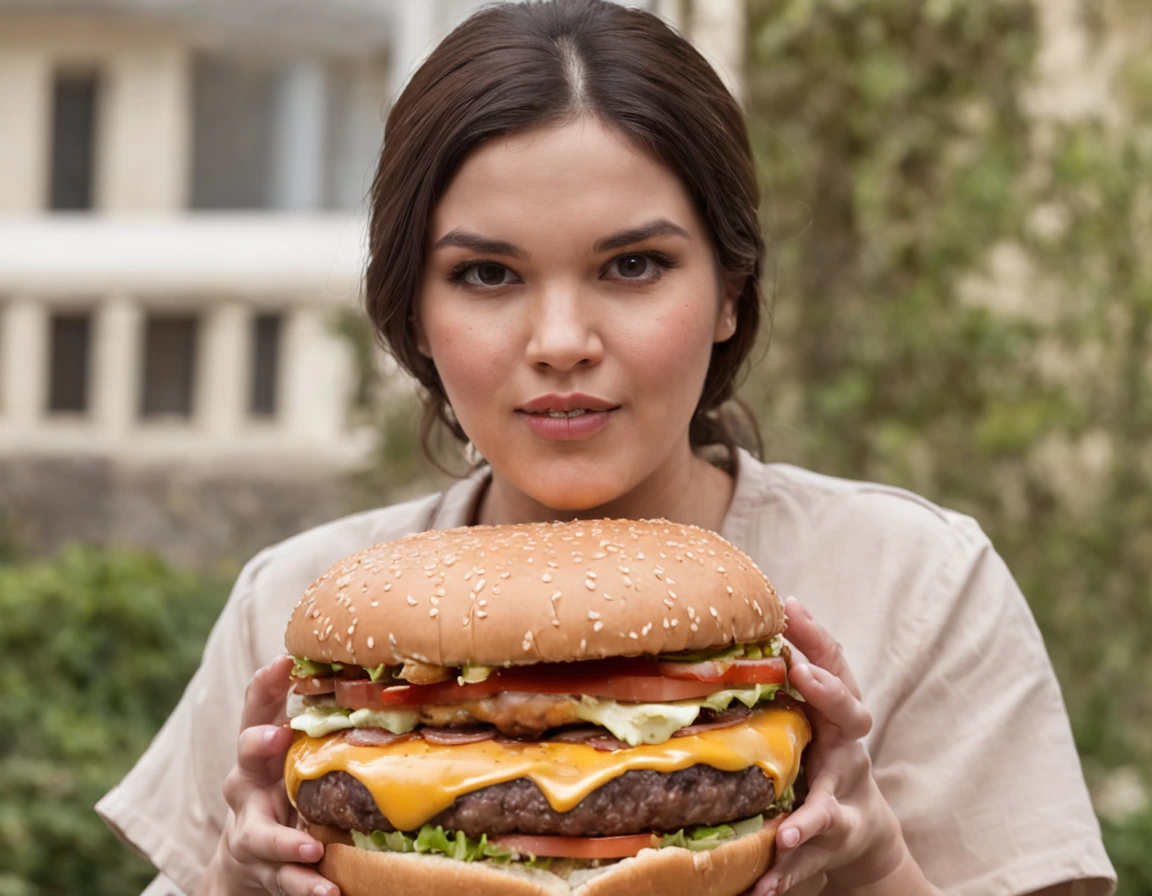mulher extremamente obesa, sobrepeso, obeso, mulher gorda, obesa, , morbidly obese, com excesso de peso, plus size, obeso pesando mais de 200 quilogramas, visivelmente surpresa e encantada, holding a giant Burger that is clearly larger than his own arm. Your eyes are wide open, expressing a mixture of shock and admiration as she holds the end of the Burger, that extends beyond your shoulders. Her hands are delicately resting on the surface of the Burger, and his mouth is half-open in an expression of genuine surprise. The scene captures the moment when she is discovering and reacting to the extraordinary presence of the Giant Burger, radiating fascination and wonder at the unusual proportions of the Hamburger