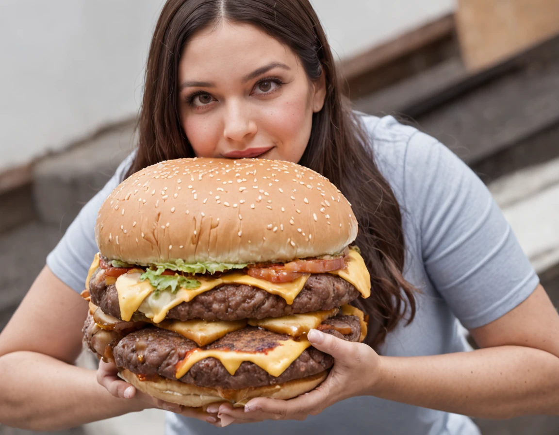 mulher extremamente obesa, sobrepeso, obeso, mulher gorda, obesa, , morbidly obese, com excesso de peso, plus size, obeso pesando mais de 200 quilogramas, visivelmente surpresa e encantada, holding a giant Burger that is clearly larger than his own arm. Your eyes are wide open, expressing a mixture of shock and admiration as she holds the end of the Burger, that extends beyond your shoulders. Her hands are delicately resting on the surface of the Burger, and his mouth is half-open in an expression of genuine surprise. The scene captures the moment when she is discovering and reacting to the extraordinary presence of the Giant Burger, radiating fascination and wonder at the unusual proportions of the Hamburger