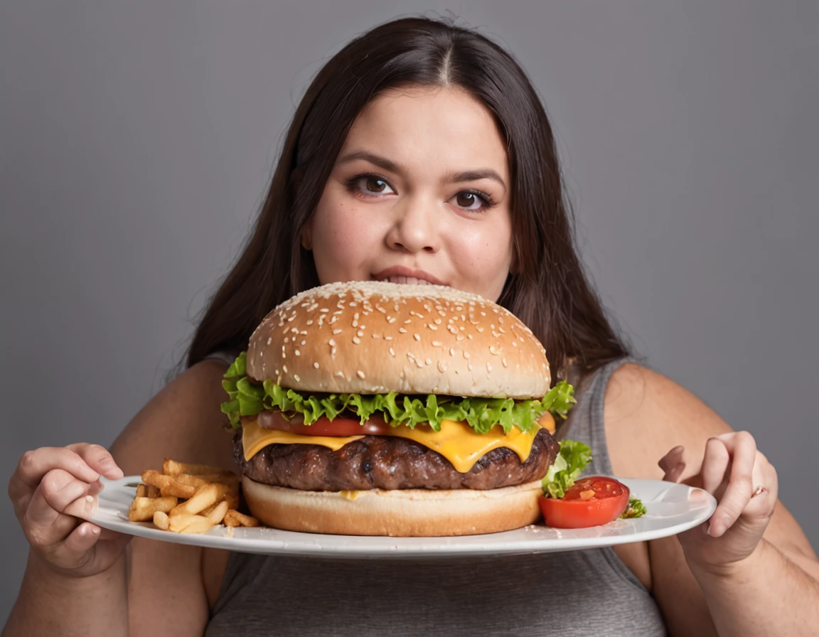 mulher extremamente obesa, sobrepeso, obeso, mulher gorda, obesa, , morbidly obese, com excesso de peso, plus size, obeso pesando mais de 200 quilogramas, visivelmente surpresa e encantada, holding a giant Burger that is clearly larger than his own arm. Your eyes are wide open, expressing a mixture of shock and admiration as she holds the end of the Burger, that extends beyond your shoulders. Her hands are delicately resting on the surface of the Burger, and his mouth is half-open in an expression of genuine surprise. The scene captures the moment when she is discovering and reacting to the extraordinary presence of the Giant Burger, radiating fascination and wonder at the unusual proportions of the Hamburger