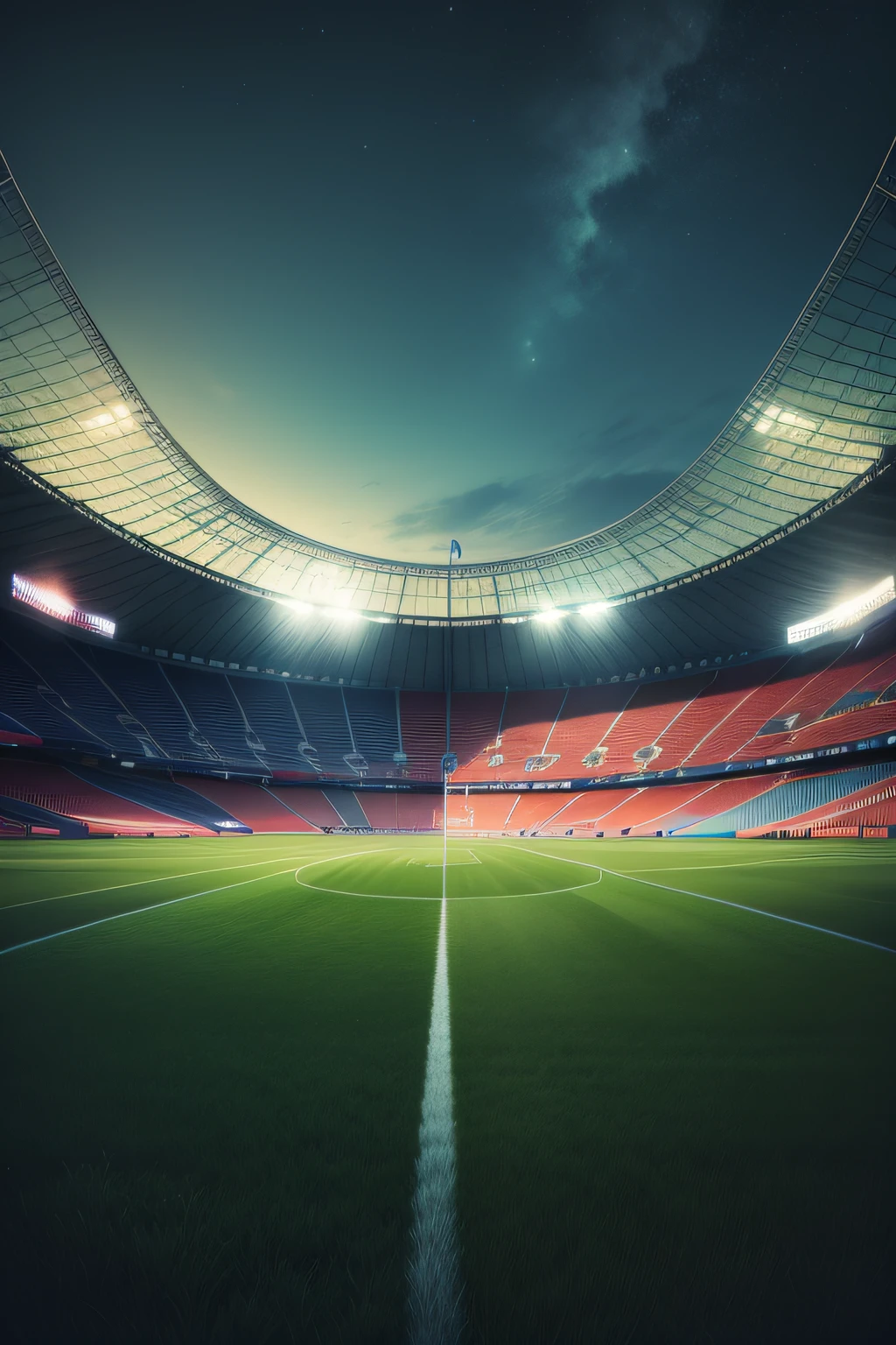 A soccer stadium at night, view from the grass.