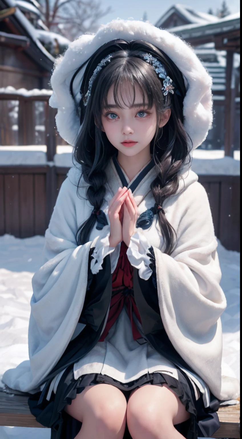(8K, Best quality, Master, 超高分辨率:1.2) Beautiful photo of a 10 year old girl in Japan,ssmile, (melancholy winter snow:1.4),(Lolita costume dress dress),Big wind,(looking toward the viewer),Squat and sit,Long hair,