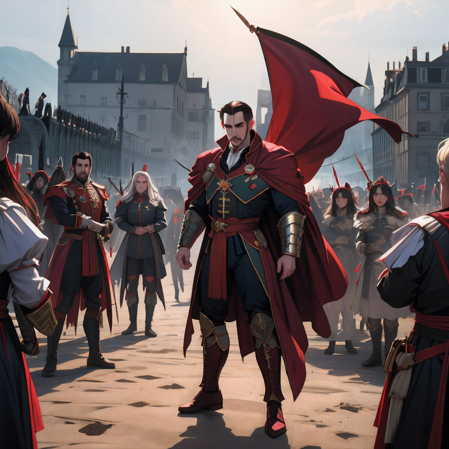 Lord Dracula hyper realistic super detailed leading armed troops into battle Hyper realistic war super detailed Photorealistic dynamic poses