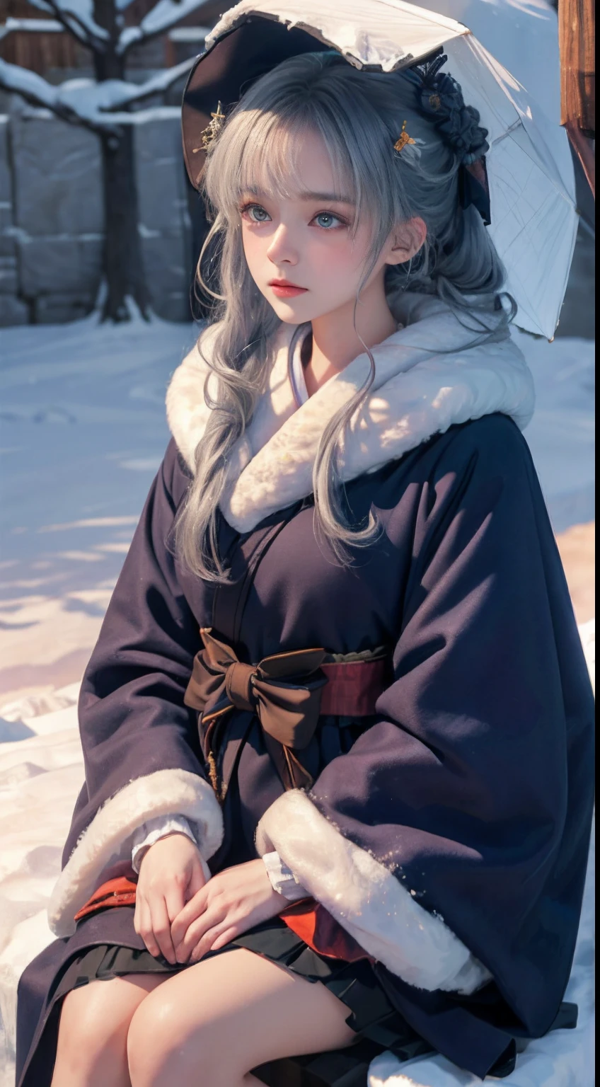 ((Works of masters)),(超A high resolution),1 girl,Glowing eyes,Tears of sadness, Sitting, (Lolita costume),cloaks (Oyuki, Cover with snow,Outdoor activities in winter:1.2),snow field,Blue eyes,The best quality illustrations,A meticulous face