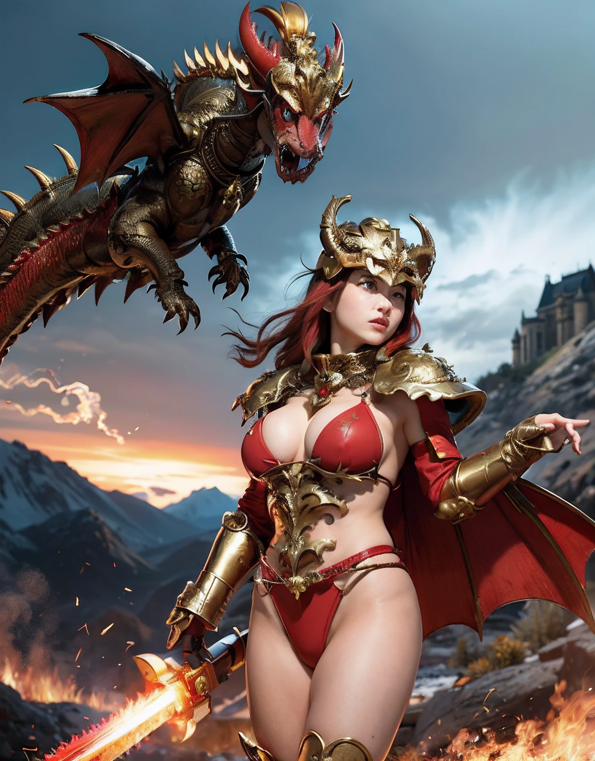 Professional , ​masterpiece、top-quality、photos realistic , depth of fields 、（Dragon Red Metal Body:1.９),(Enamel Red、（cleavage of the breast）、Dragon Gold Weapon、（Red Micro Bikini Armor:1.４),Gorgeous gold weapons ,(Riding a Demon Beast),（（ Dragon's dense and gorgeous sword）） , （demonic wings）、（（a blond））、（Castle background）、（（Gangle's forest background））、（（Fight dragons））、Beautiful Caucasian beauty、１a person、dynamic ungle,(((Detailed and ornate dragon helmet)))、Smaller head、A smile、Castle background、Thin and beautiful female hands、cleavage of the breast、Soldier in iron armor on background、Mystical expression、Light Effects、intense fighting、Wind-effect、magic circles、With the legendary magic wand、Dragon's tail、explosions、Anatomically correct body、