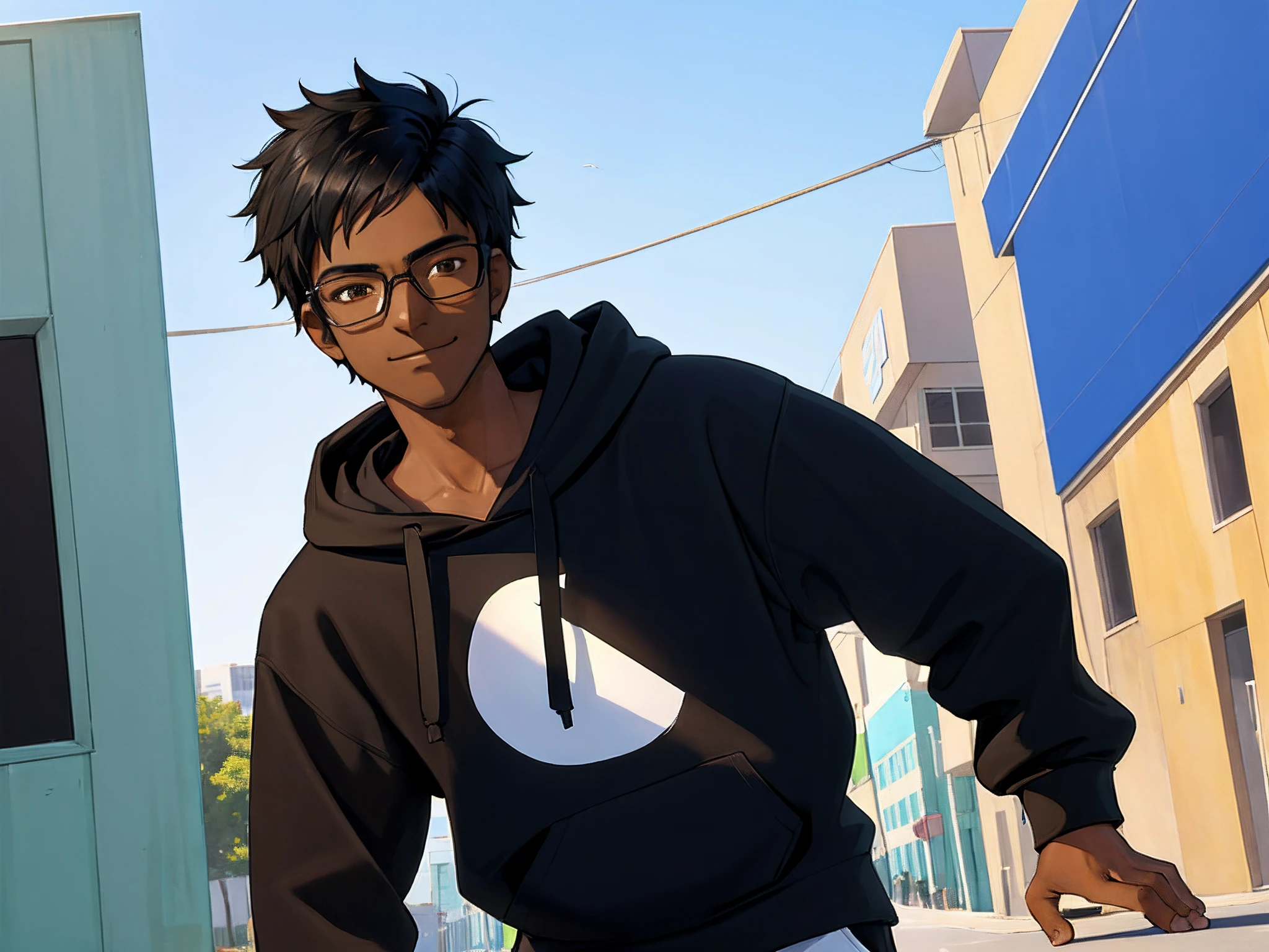 (masterpiece), (best quality), dark-skinned teenage boy with short black hair looking at the viewer with a snarky smirk, he is wearing glasses and is wearing a black hoodie, cinematic, realistoc shading and lighting