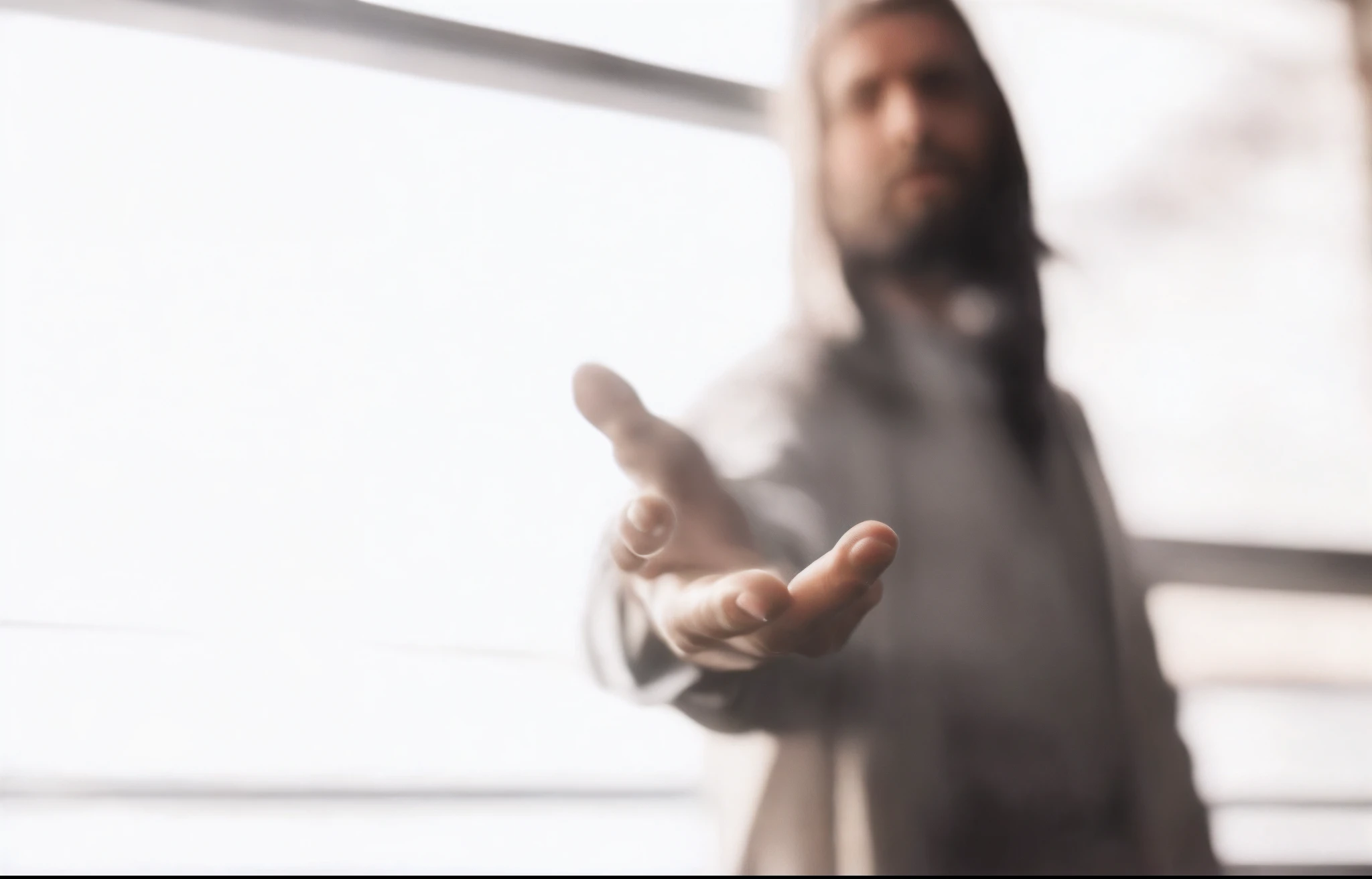 there is a man that is standing in front of a window, reaching out to each other, arm reaching out of thick fog, indistinct man with his hand up, ! holding in his hand !, on his right hand, artistic depiction, holding it out to the camera, hands reaching for her, on his left hand, he is greeting you warmly