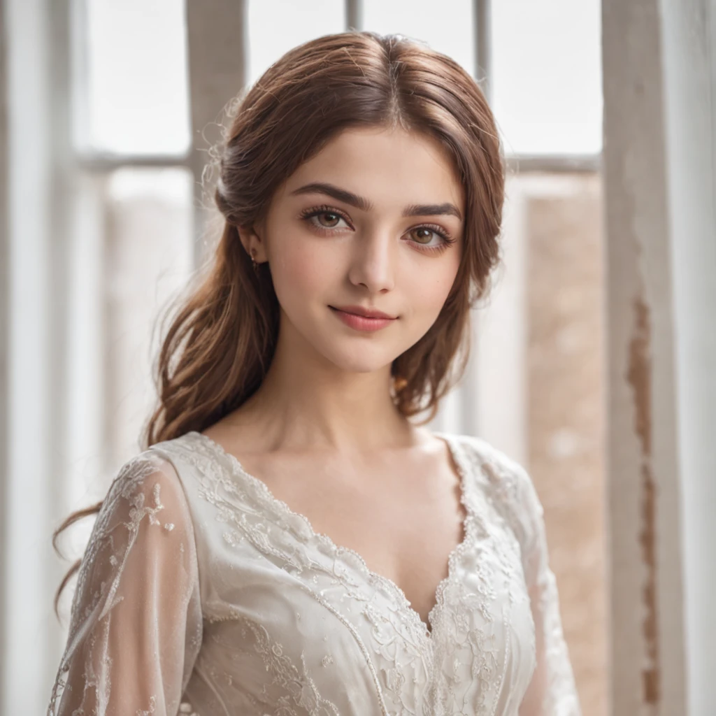 so beautiful Iranian girl with a wheatish complexion, an innocent and charming smile, large green eyes, wearing a white silky dress, her light brown hair flowing