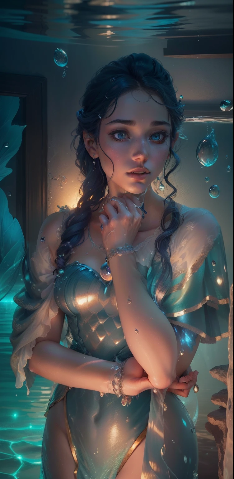 (absurd, high quality, super delicate, carefully hand-drawn) mature, 1girl, water goddess, sea floor, mermaid, mermaid tail, lower body is a fish tail, tail with fish scales, jewel-like purple eyes (eye detail), dark blue hair, bangs, long curly hair, sparkling, red yellow purple costume, bright yellow dress, pearl jewelry, clownfish, aquatic creatures, flowers, whole body. Underwater photography, aquatic plants, pure and gorgeous soft lighting, masterpieces, best quality, complex, particle effects, highly detailed, concept art, smooth, dramatic lighting, highly detailed artwork, film, ultra-realistic paintings, ((water drops)), wet clothes, (beautiful detailed water), (floating), dynamic angle, ((colorful bubble)),(floating),detailed light