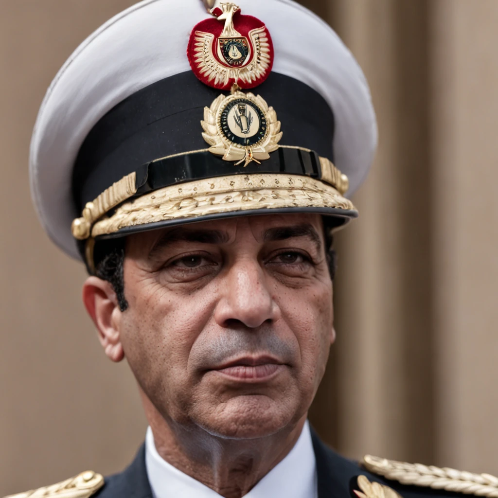 Egyptian President Abdel Fattah El-Sisi, wearing a military uniform, smoking a cigarette, cinematic colours