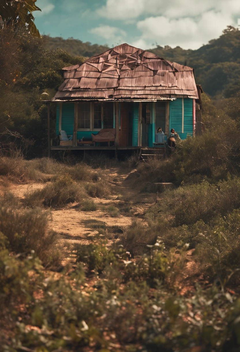 uma cabana com uma aparencia bem aconchegante, smoke coming out of the chimney, e um artista desenhando na varanda