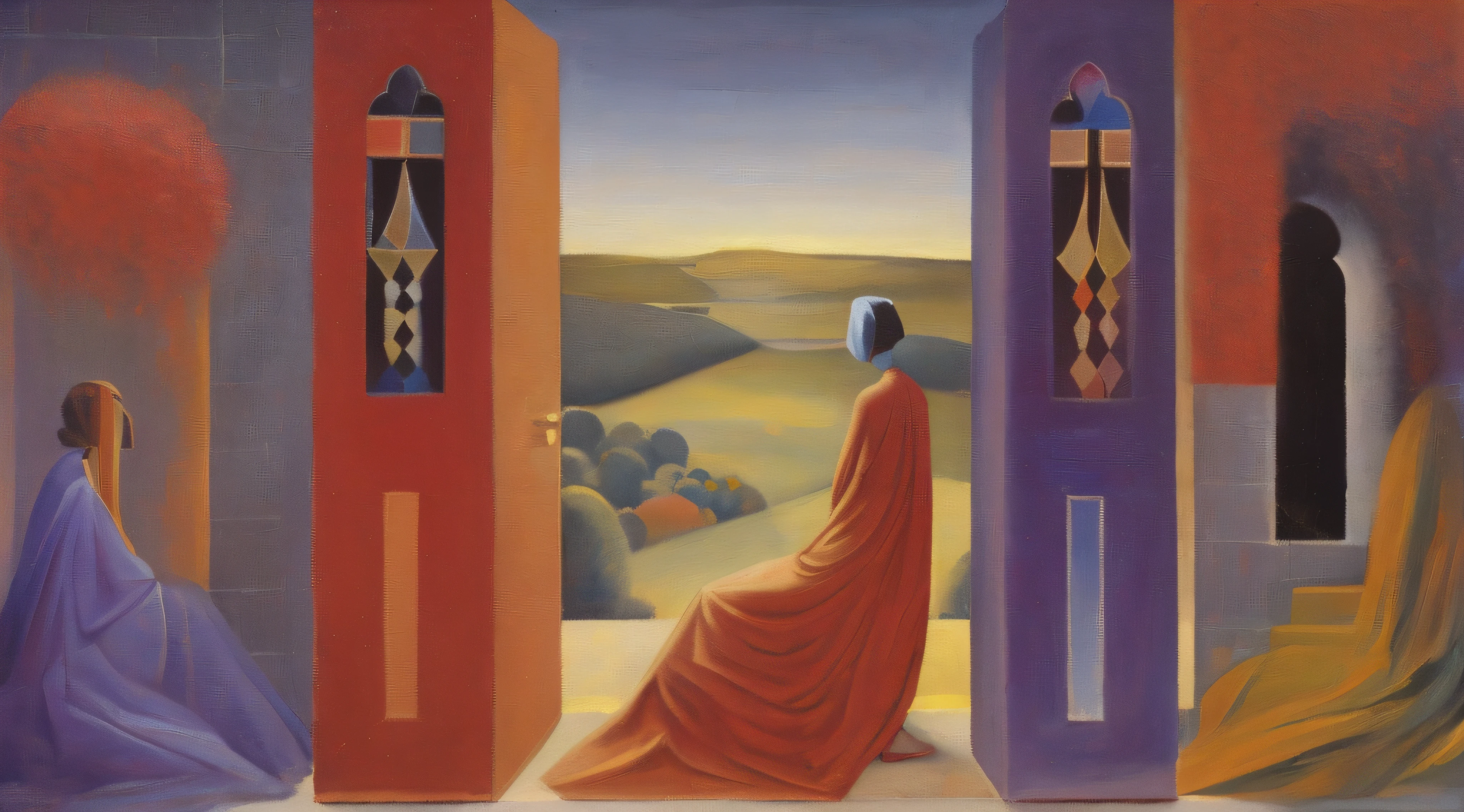 painting of a woman in a red dress standing in front of a door, inspired by Bridget Bate Tichenor, inspired by Bhupen Khakhar, by Bridget Bate Tichenor, inspired by George Tooker, agnes pelton, inspired by Agnes Lawrence Pelton, by Agnes Lawrence Pelton, inspired by Rockwell Kent, inspired by Ruth Brandt, contemplation