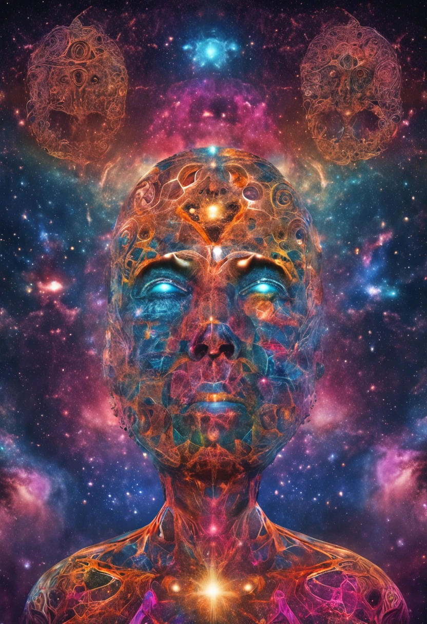 um homem de terno, strange portrait with galaxy, portrait of a cosmic entity, sem rosto no universo, galactic dmt entity, Portrait of a cosmic god, Universo Psychonaut, astral appearance, Mais fundo no metaverso vamos, terno feito de estrelas, dmt ego morte, dmt ego da morte