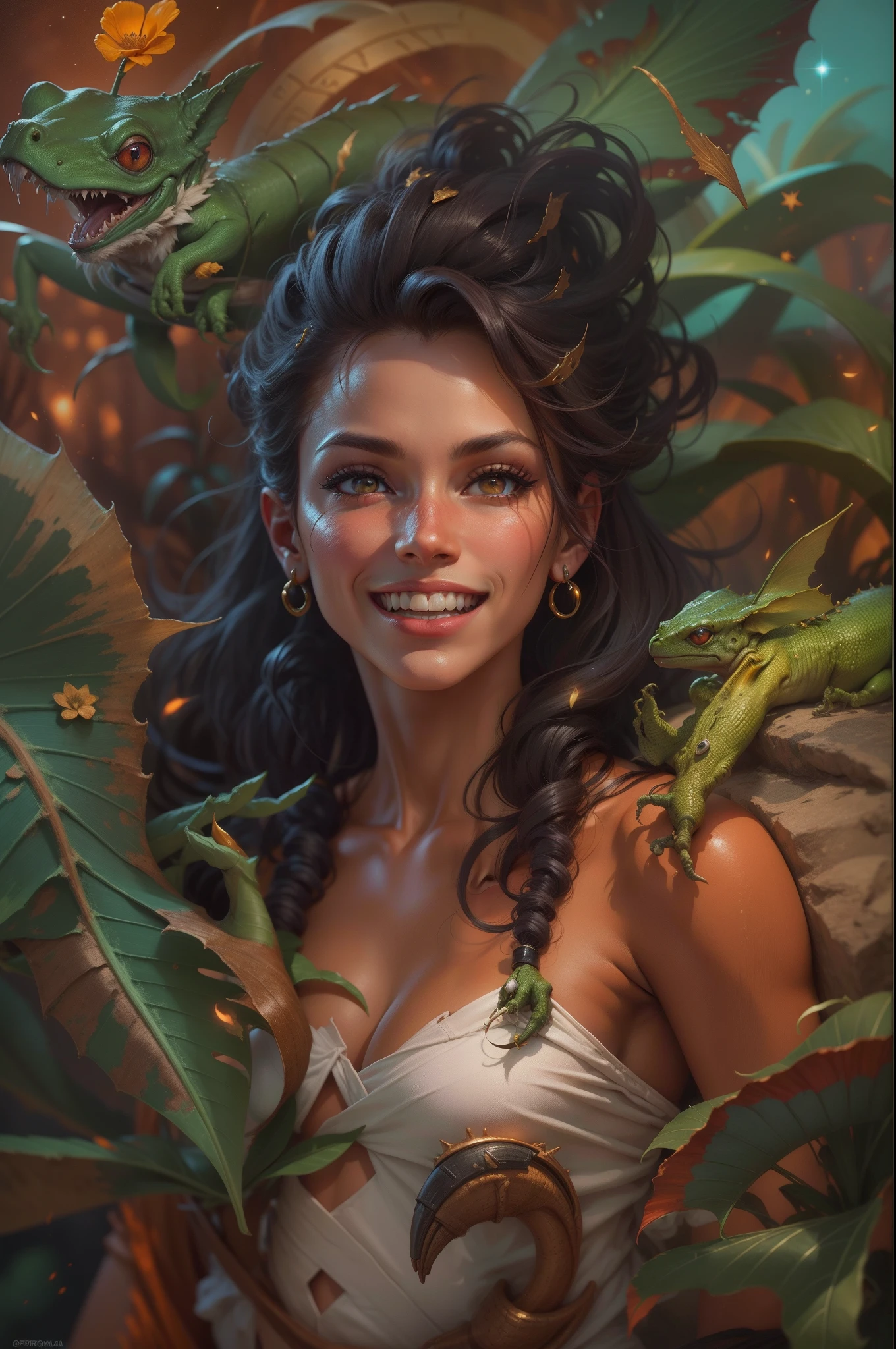 Reina Pirata Alien, Space opera, Scifi, piel roja, Plantperson,piel de cocodrilo, Dryad, elemental, balanza, rubi, oro, energetic, encantador, sonrisa afectada, confiado, oil on canvas, perfection, Ideal, Retrato de personaje DND, obra maestra, experto, Stunningly Detailed, 4k-resolution, compositing