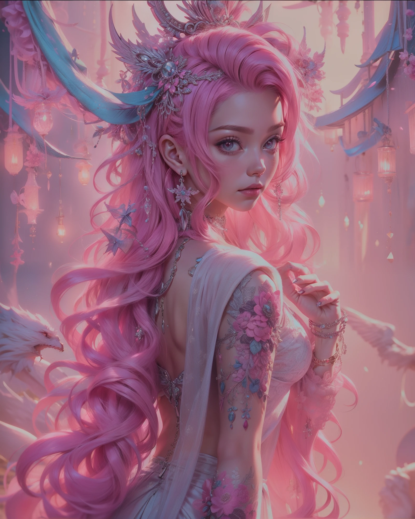 (masterpiece, top quality, best quality, official art, beautiful, cosmic, atmospheric, psychedelic, dreamlike and aesthetic:1.2), (1girl, pink hair, tons of tattoos and piercings), extreme detailed,(fractal art:1.3),colorful,highest detailed, cherry blossoms and butterflies blowing in the wind