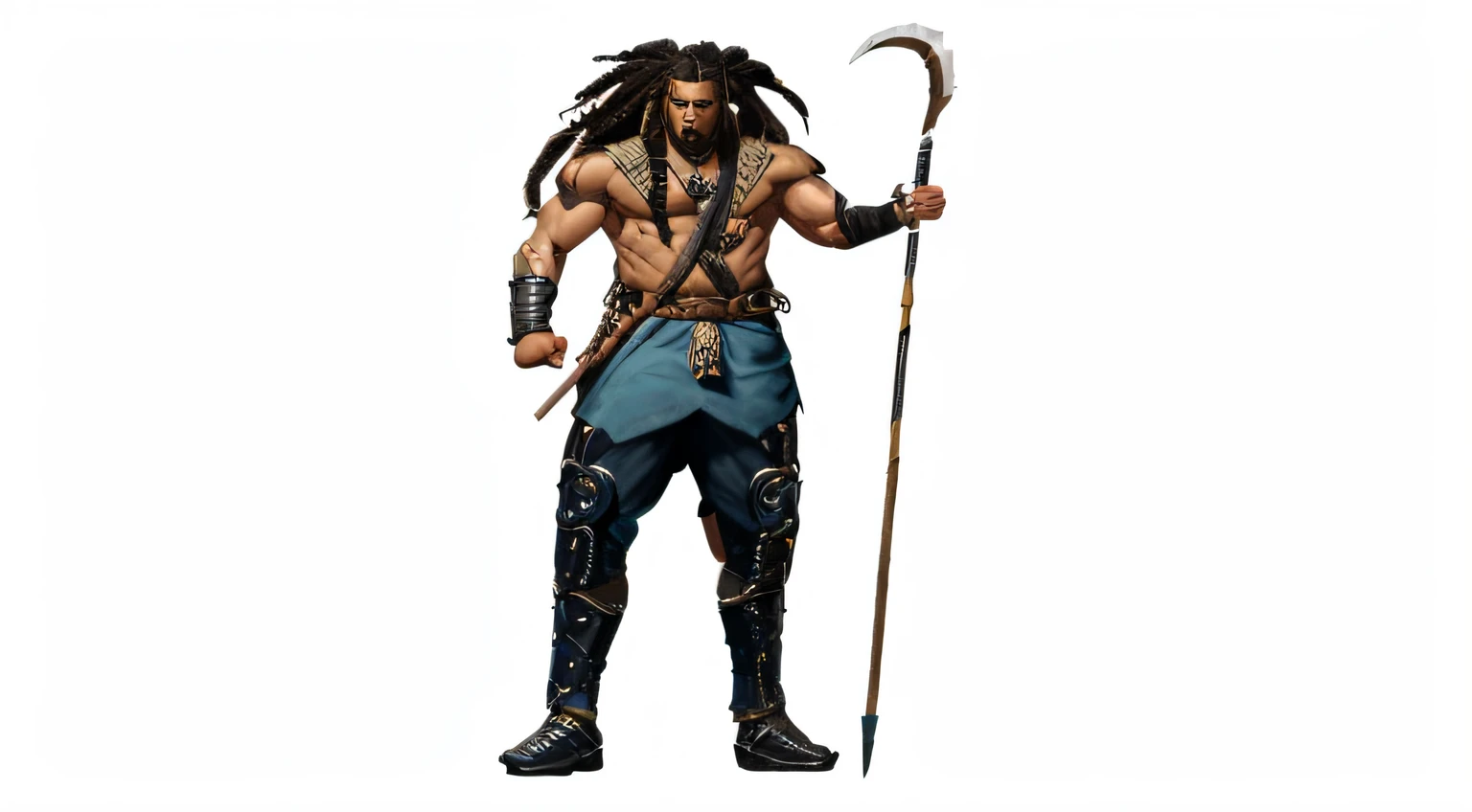 a close up of a man with a spear and a stick, picture of an adult male warrior, male warrior, dreadlock rastafarian as a barbarian, technoviking male with no shirt, video game character, fighting game character, complex fantasy character, game character, character from mortal kombat, warrior character design, concept art of a warrior, video game character concept