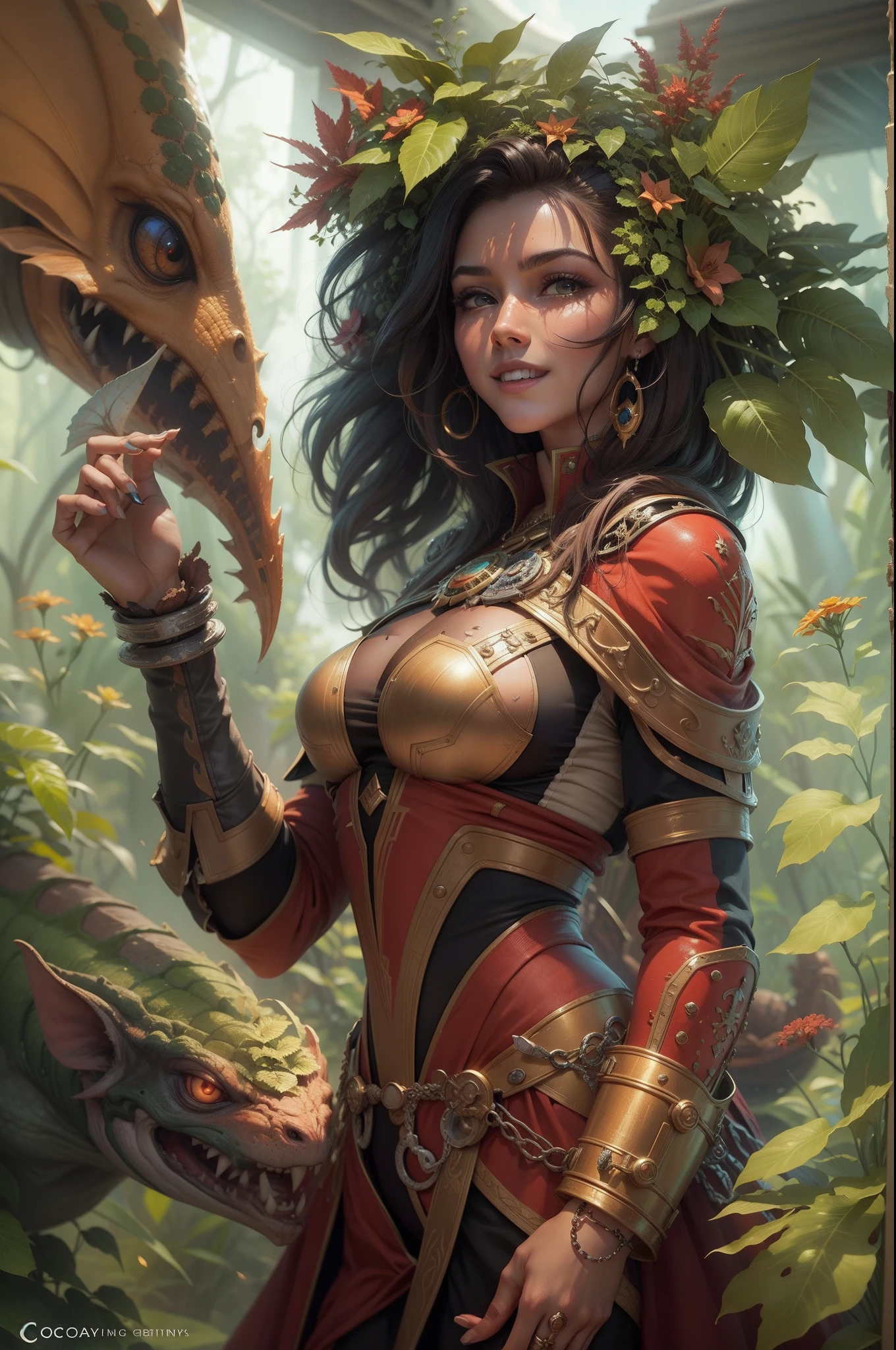 Reina Pirata Alien, Space opera, Scifi, piel roja, Plantperson,piel de cocodrilo, Dryad, elemental, balanza, rubi, oro, energetic, encantador, sonrisa afectada, confiado, oil on canvas, perfection, Ideal, Retrato de personaje DND, obra maestra, experto, Stunningly Detailed, 4k-resolution, compositing